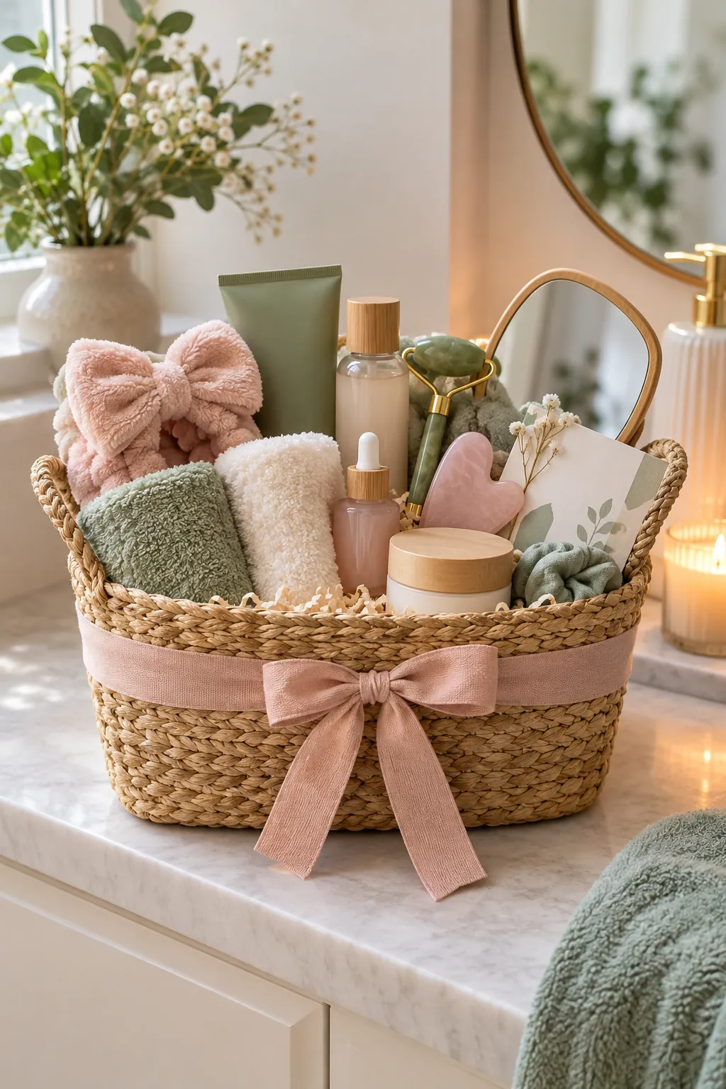 Skincare Birthday Basket with useful comfort items arranged in a gift basket