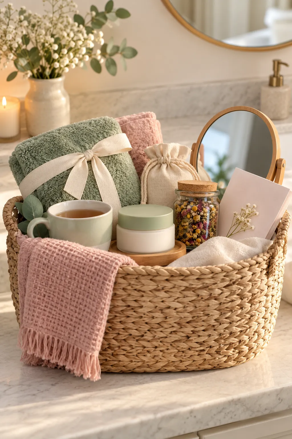 Skincare Basket For Mom with useful comfort items arranged in a gift basket