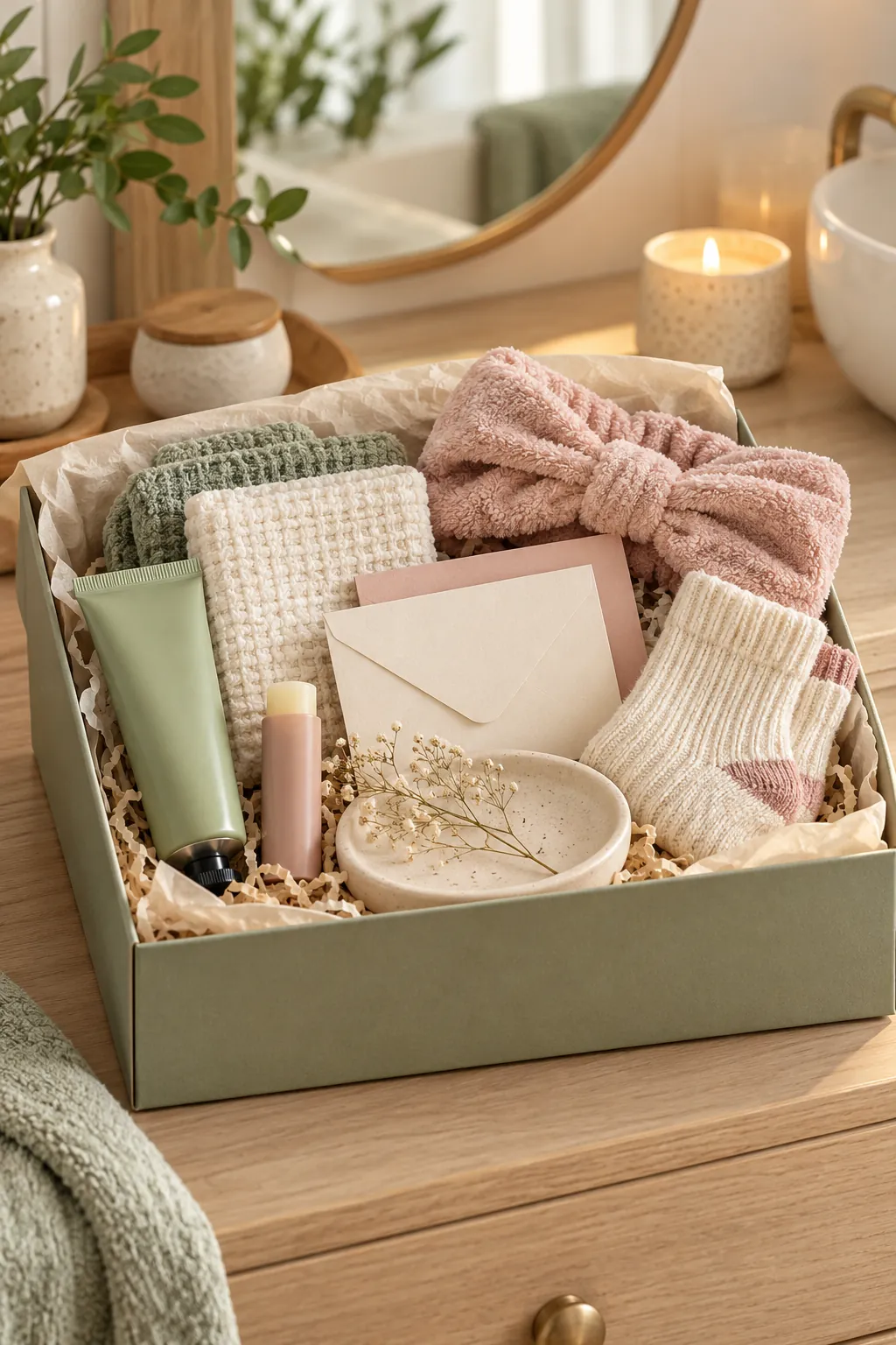 Long-Distance Skincare Box with useful comfort items arranged in a gift basket
