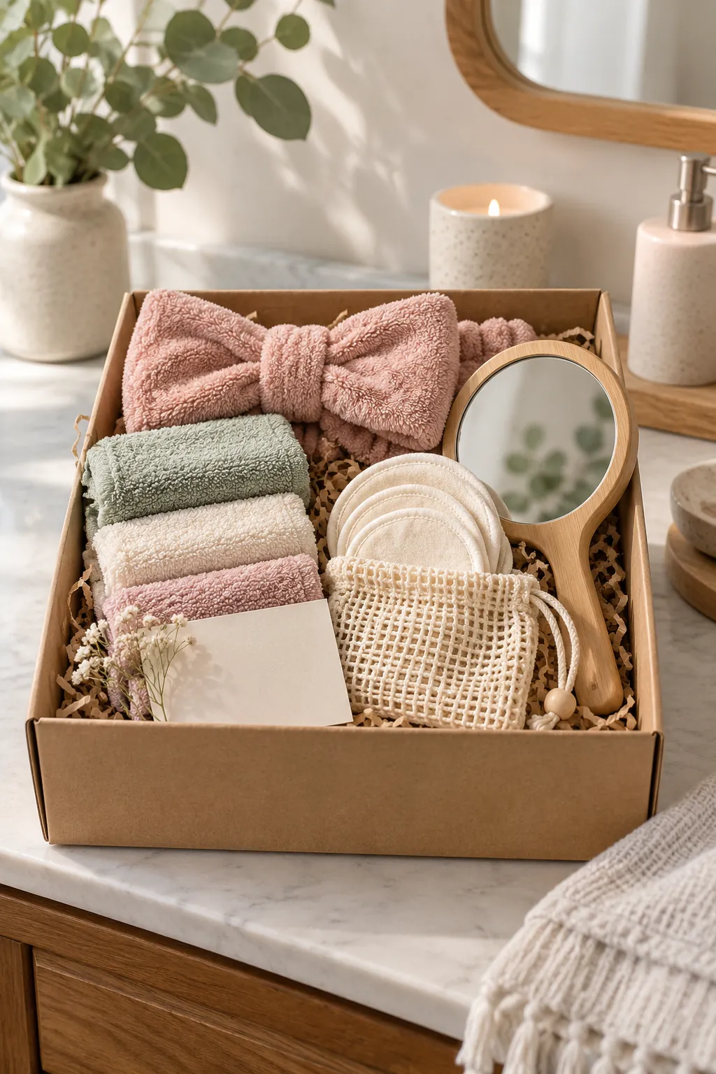 Budget Skincare Tools Box with useful comfort items arranged in a gift basket