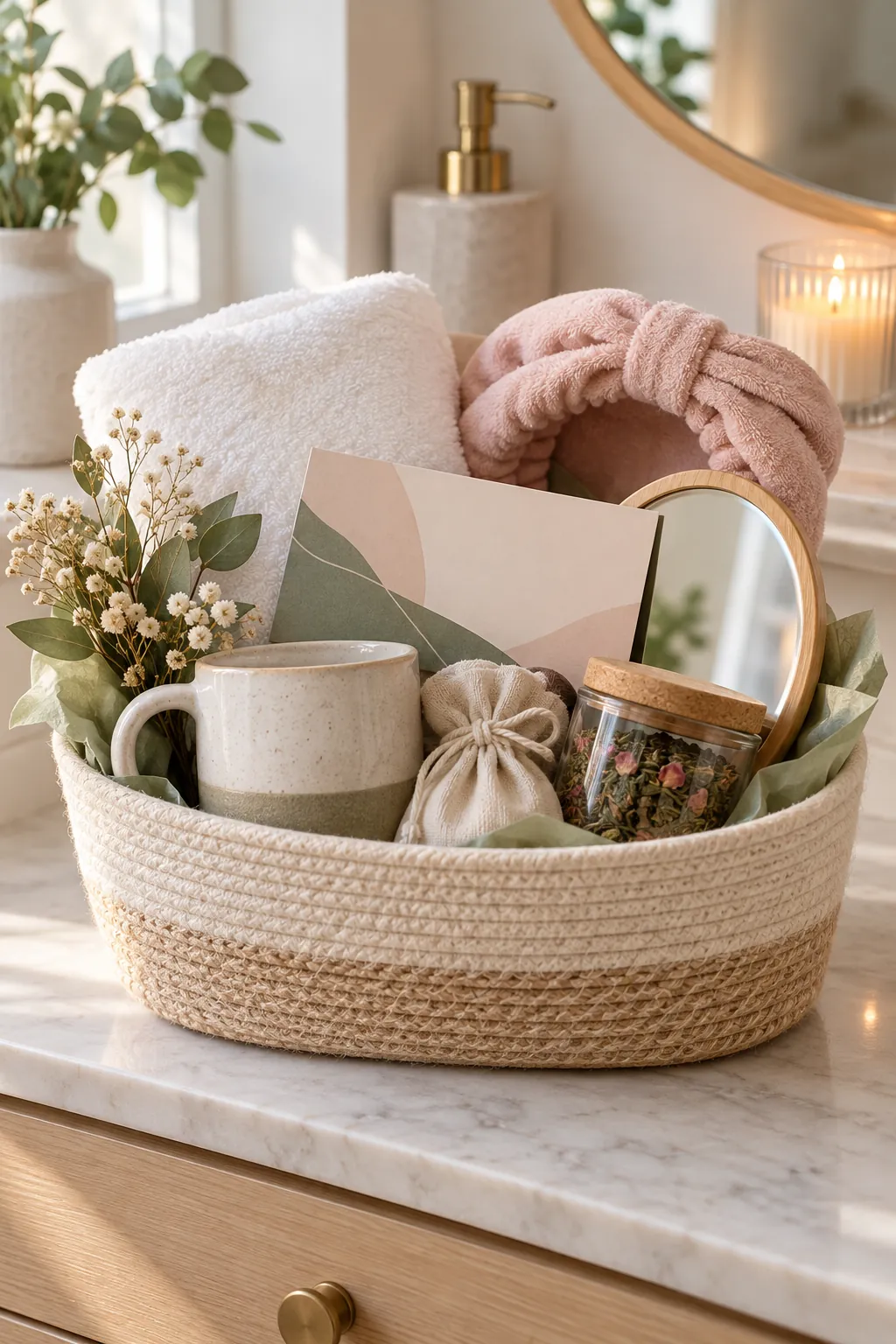 Luxury Skincare Voucher Basket with useful comfort items arranged in a gift basket