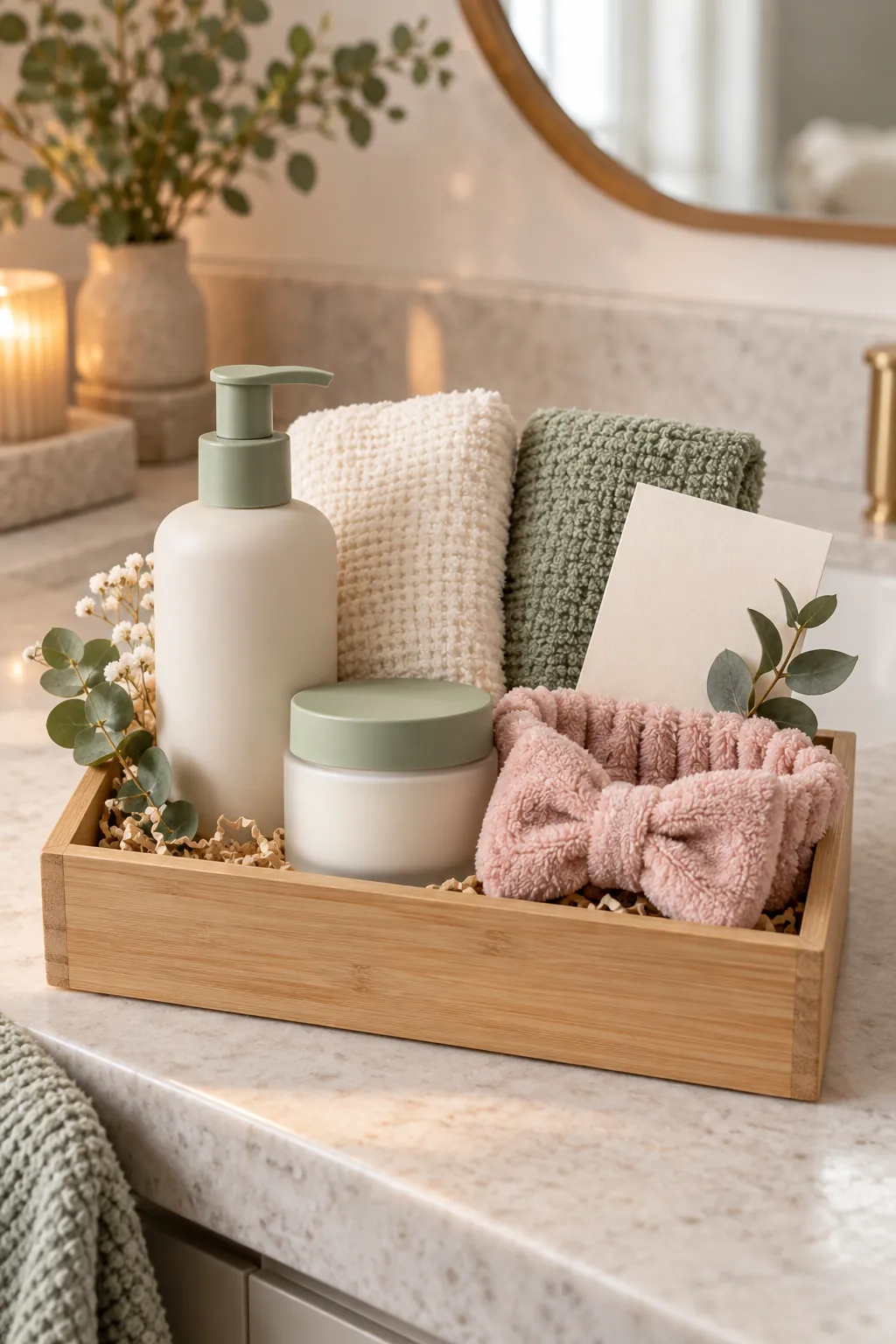 Minimalist Skincare Gift Basket with useful comfort items arranged in a gift basket