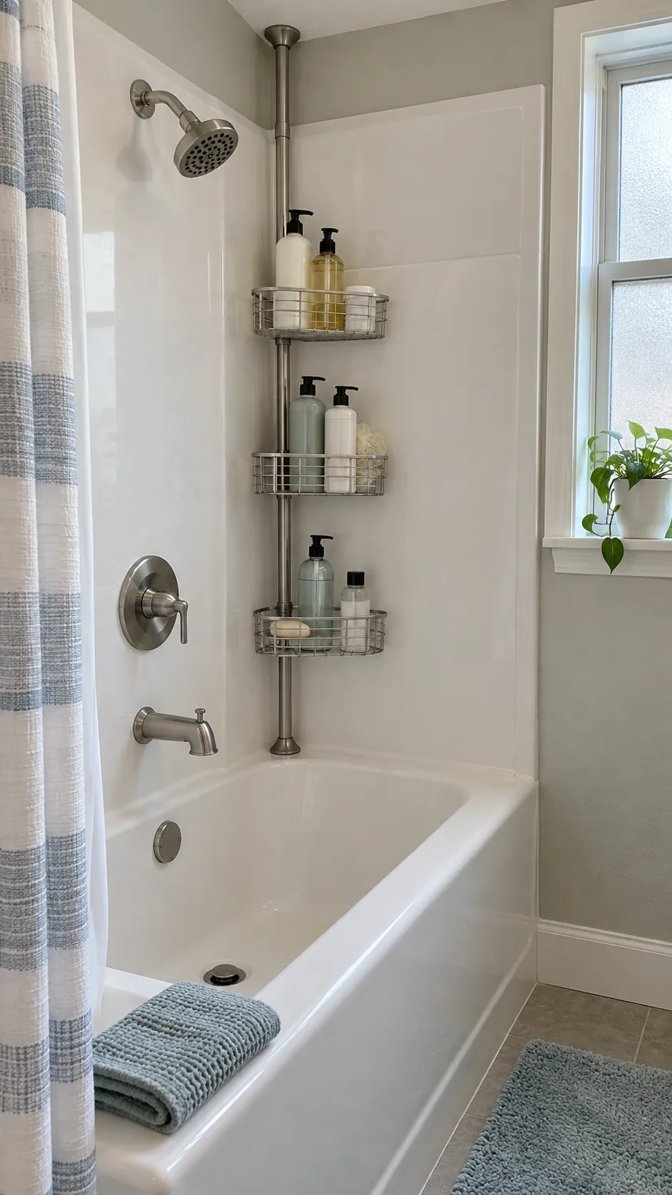 A Slim Tension Pole in the Back Corner used for storage in a small tub shower with no niche