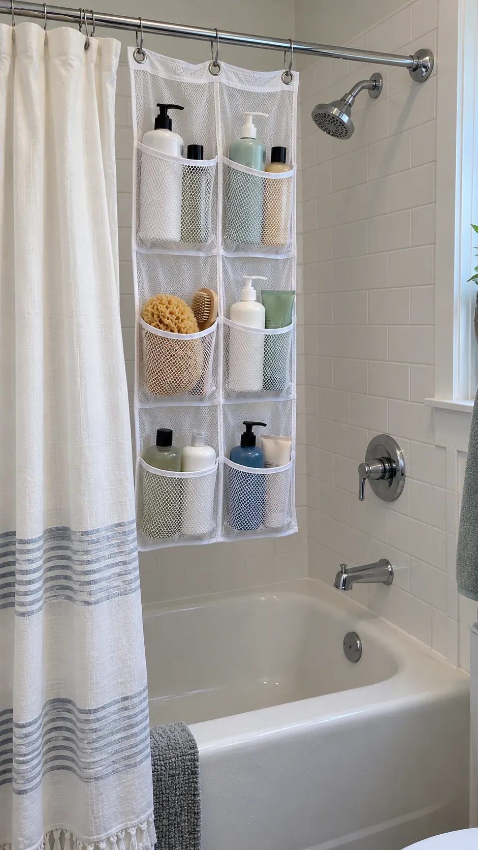 A Curtain Rod Pocket Organizer used for storage in a small tub shower with no niche