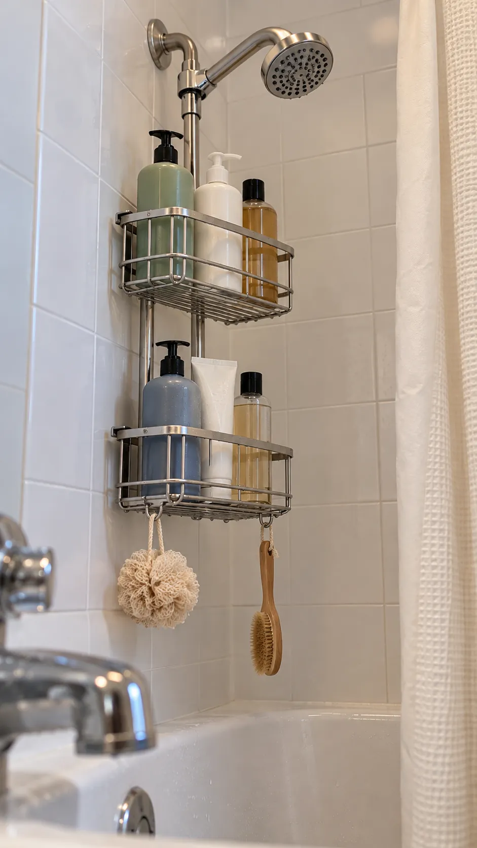 An Overhead Caddy With a Locking Collar used for storage in a small tub shower with no niche