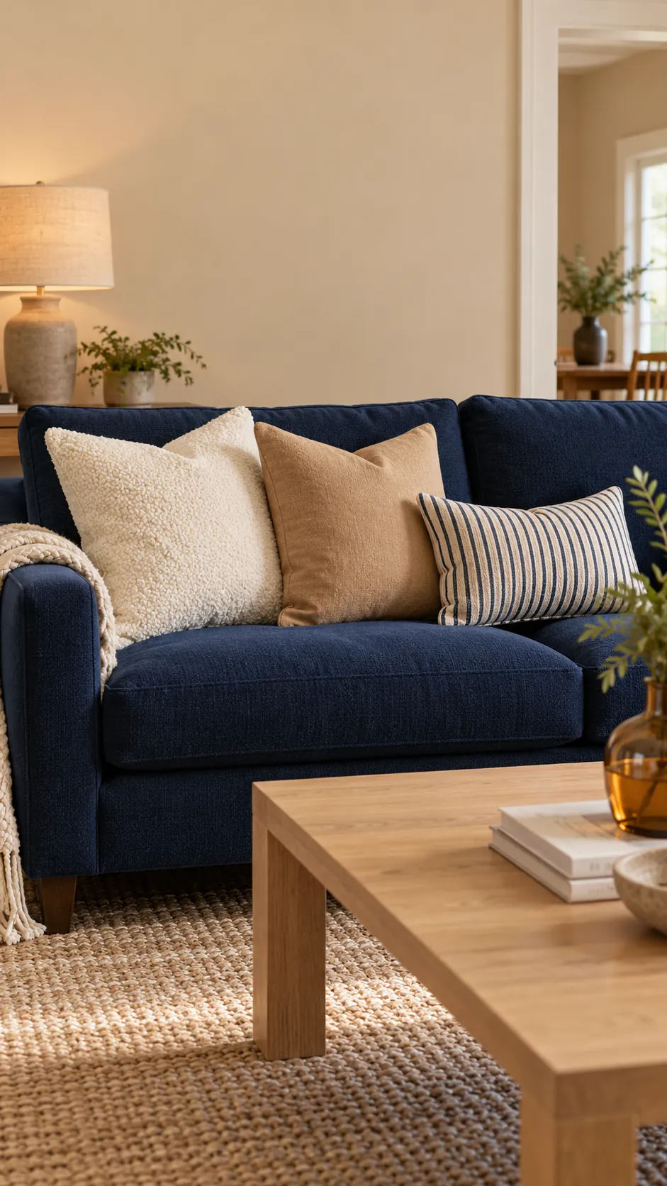 Ivory Bouclé, Camel Linen, and Navy Stripe throw pillow combination on a navy sofa with beige walls