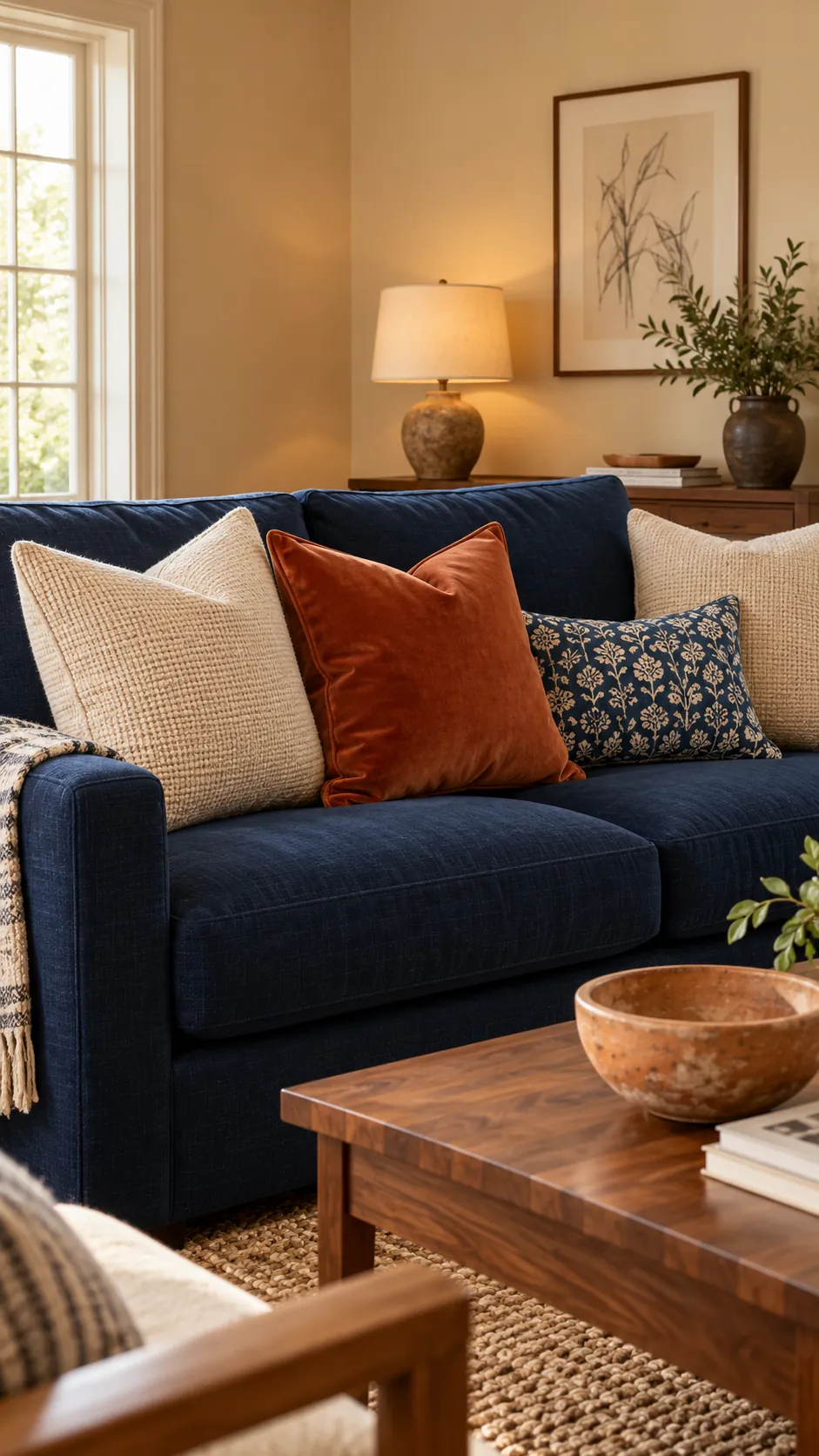 Rust Velvet, Oatmeal Weave, and Indigo Block Print throw pillow combination on a navy sofa with beige walls