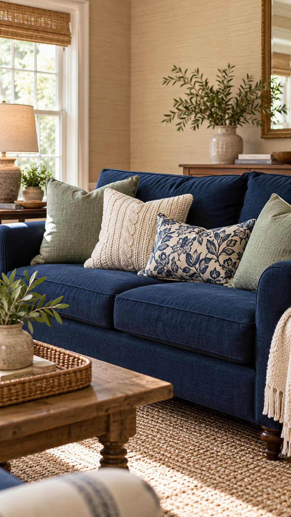 Sage Linen, Cream Knit, and Navy Botanical throw pillow combination on a navy sofa with beige walls