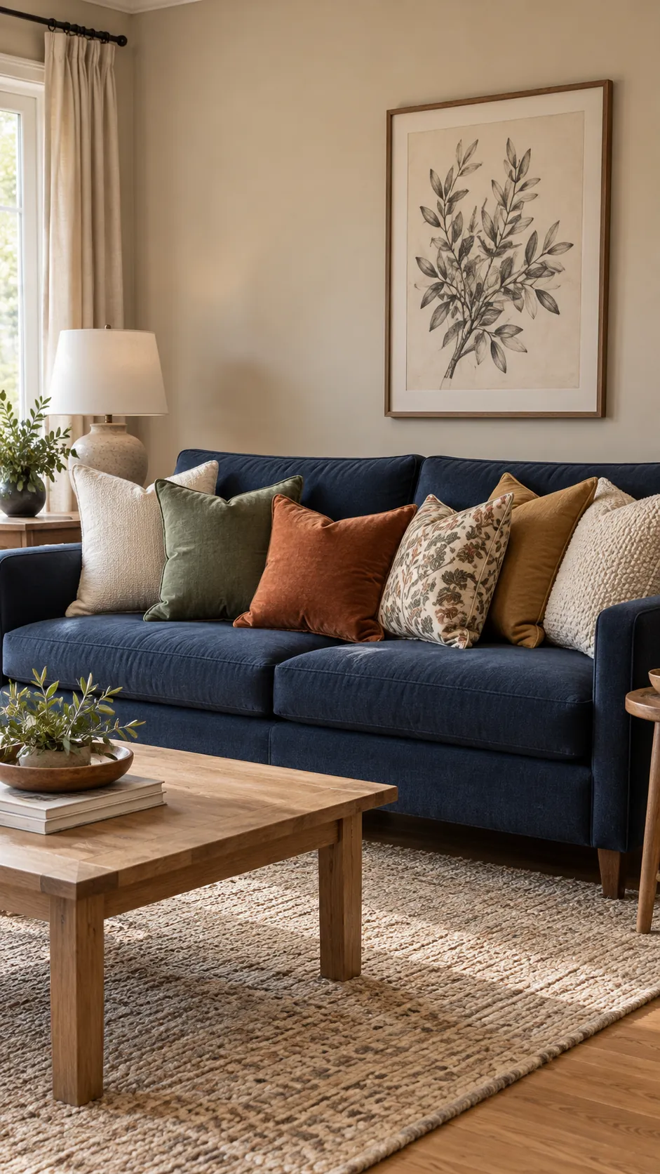 Navy sofa with warm neutral and colorful throw pillow combinations against beige walls