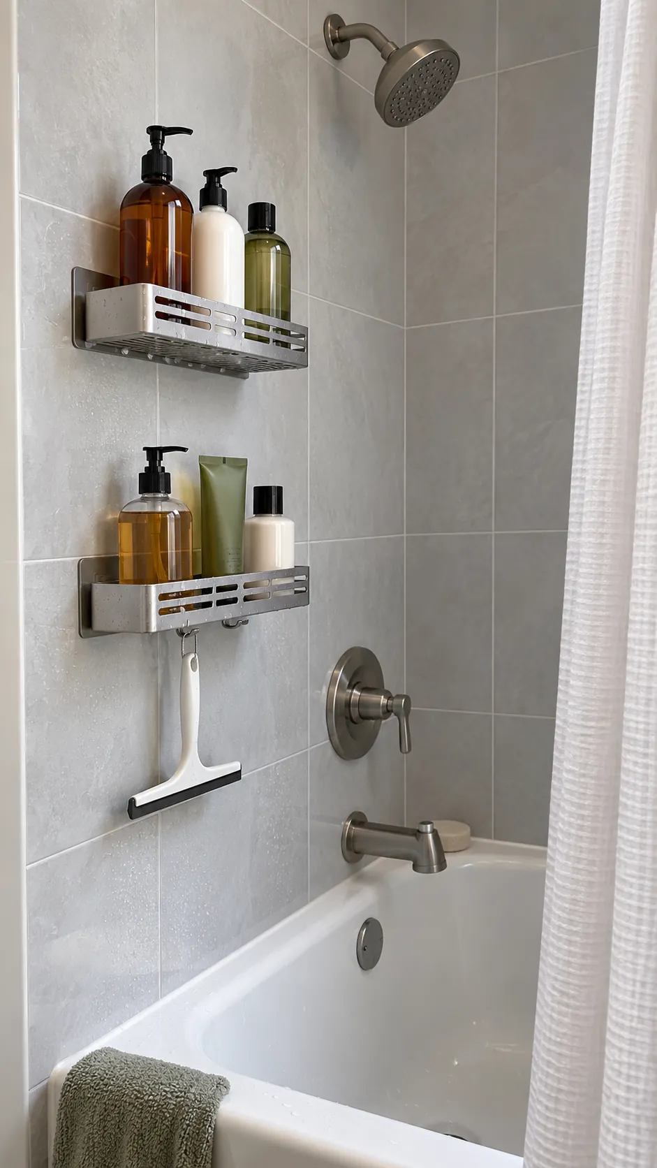 Adhesive Shelves on Smooth Tile used for storage in a small tub shower with no niche