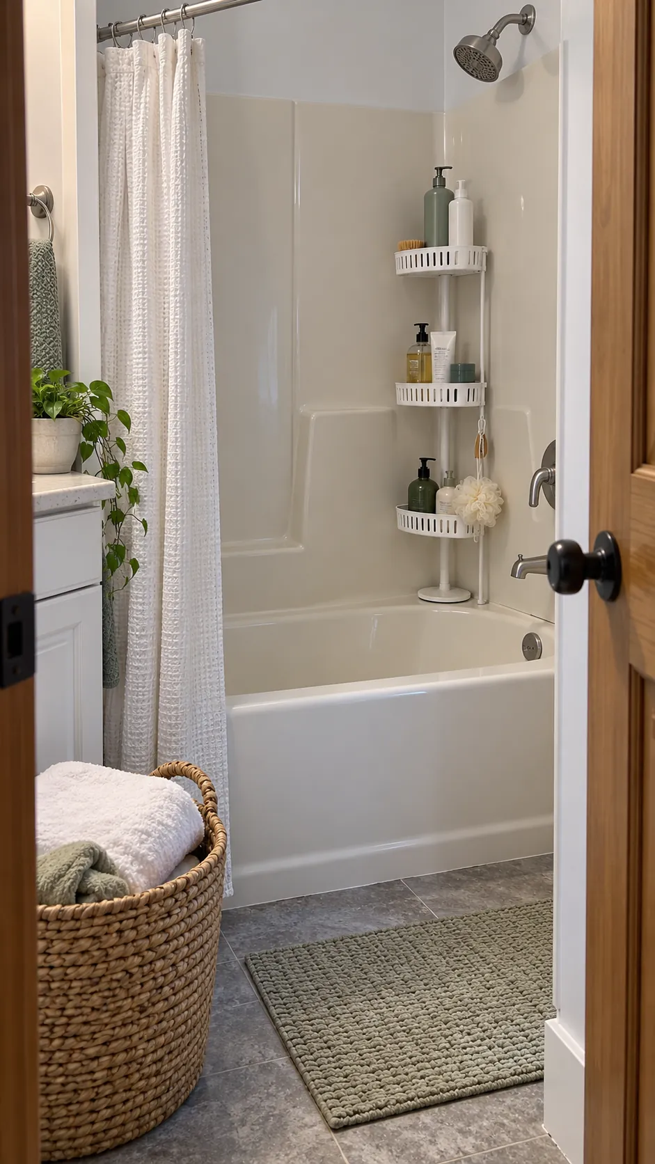 A Freestanding Tub Corner Tower used for storage in a small tub shower with no niche
