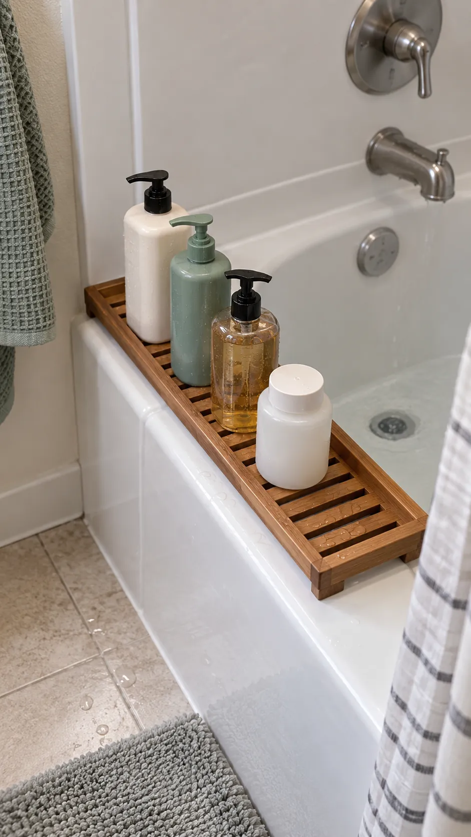 A Tub Rim Tray With Drainage used for storage in a small tub shower with no niche