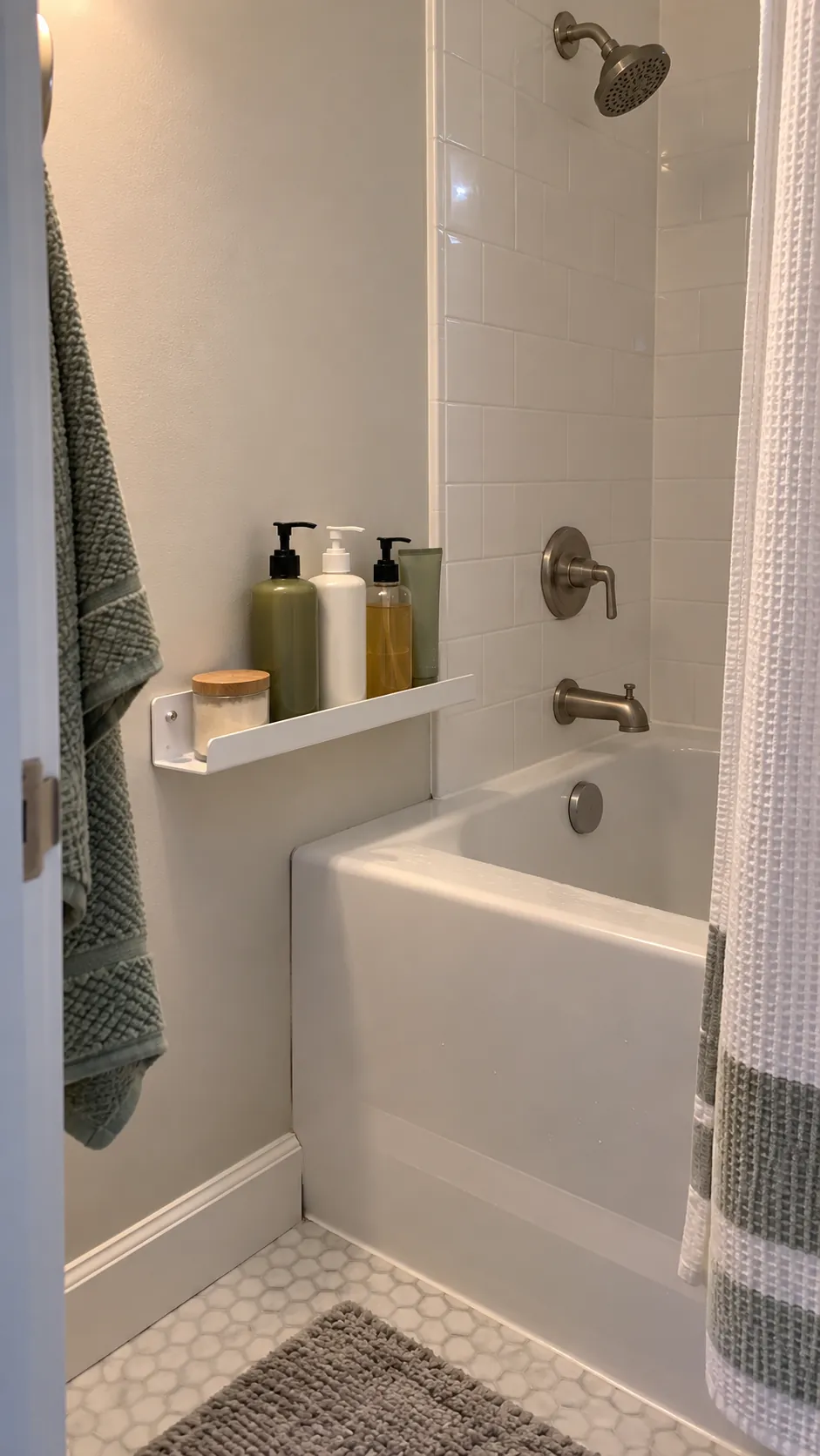 A Bottle Rail Above the Tub Apron used for storage in a small tub shower with no niche