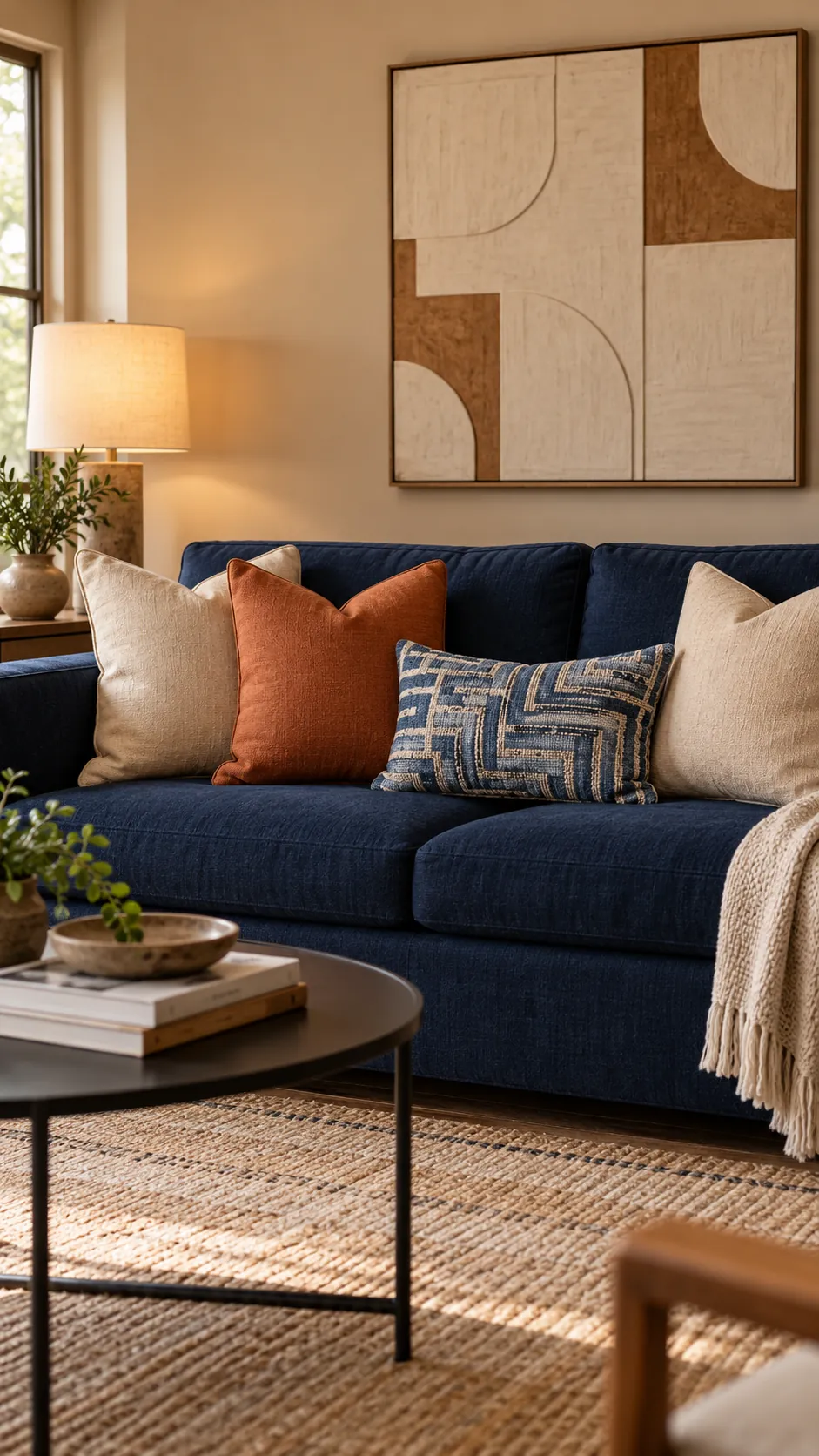 Terracotta, Sand, and Blue Geometric throw pillow combination on a navy sofa with beige walls