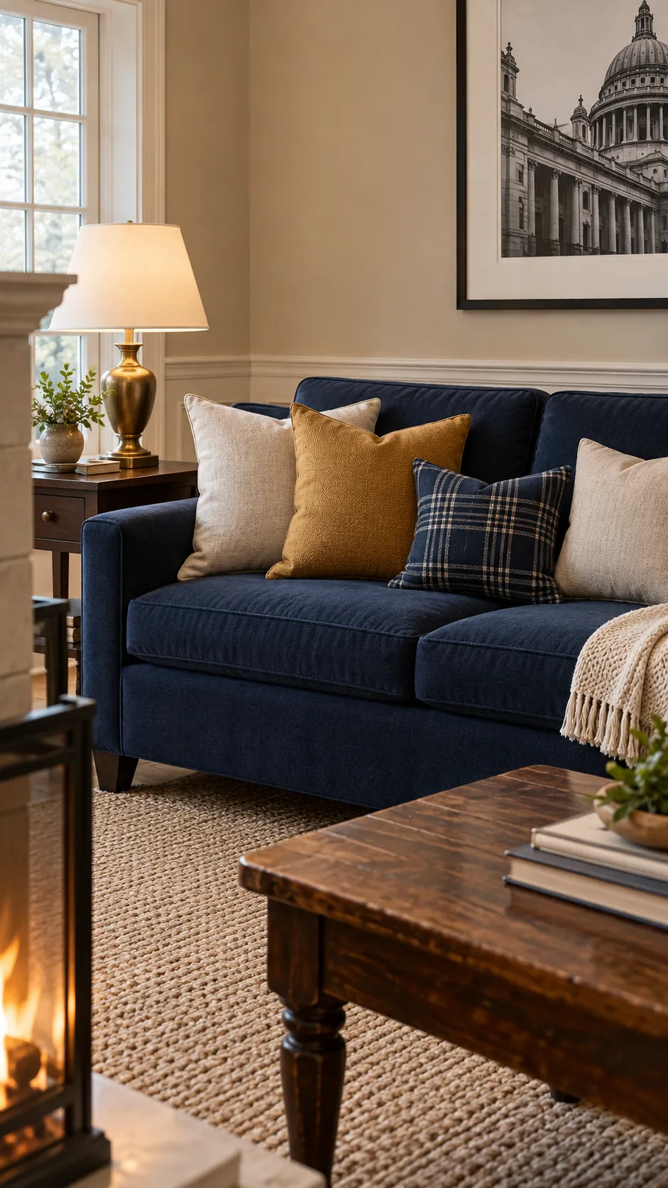 Mustard Wool, Natural Linen, and Navy Plaid throw pillow combination on a navy sofa with beige walls