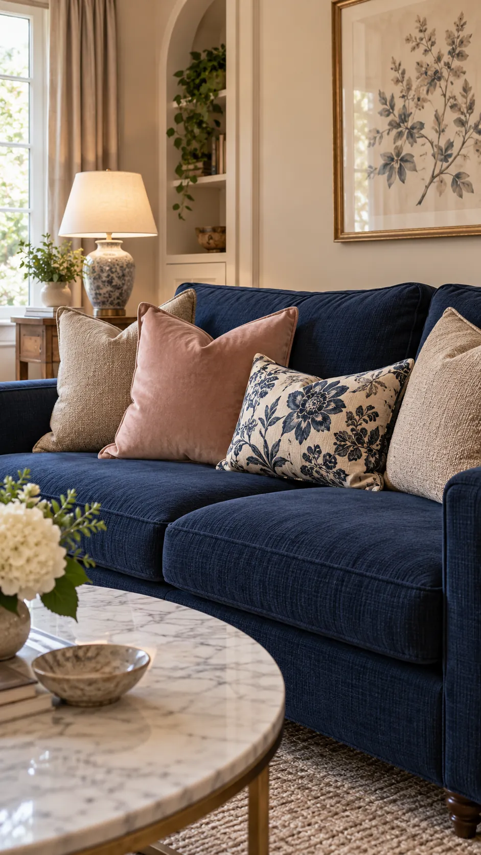 Blush Velvet, Taupe Chenille, and Ink Floral throw pillow combination on a navy sofa with beige walls