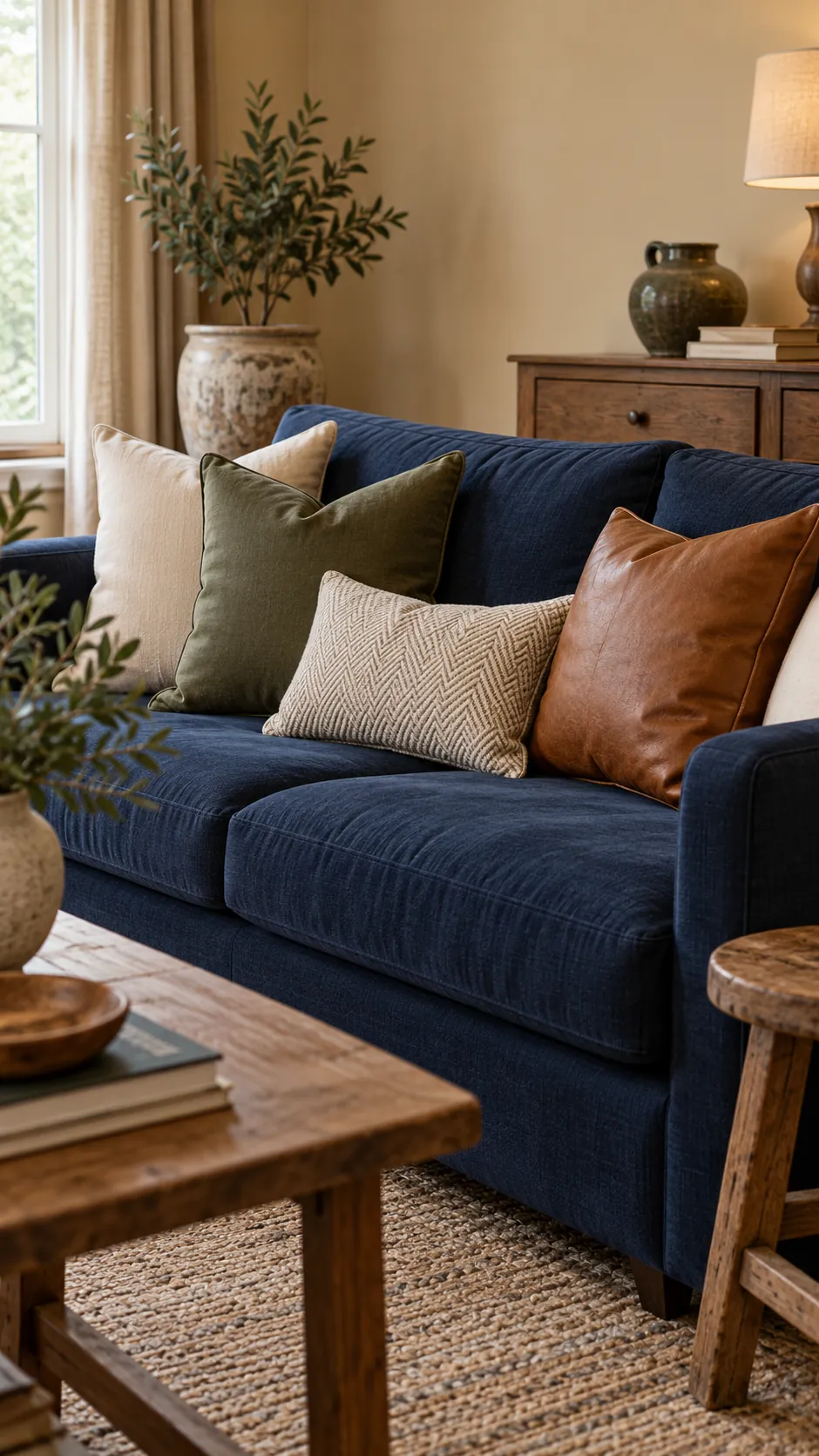 Olive, Cognac, and Cream Herringbone throw pillow combination on a navy sofa with beige walls