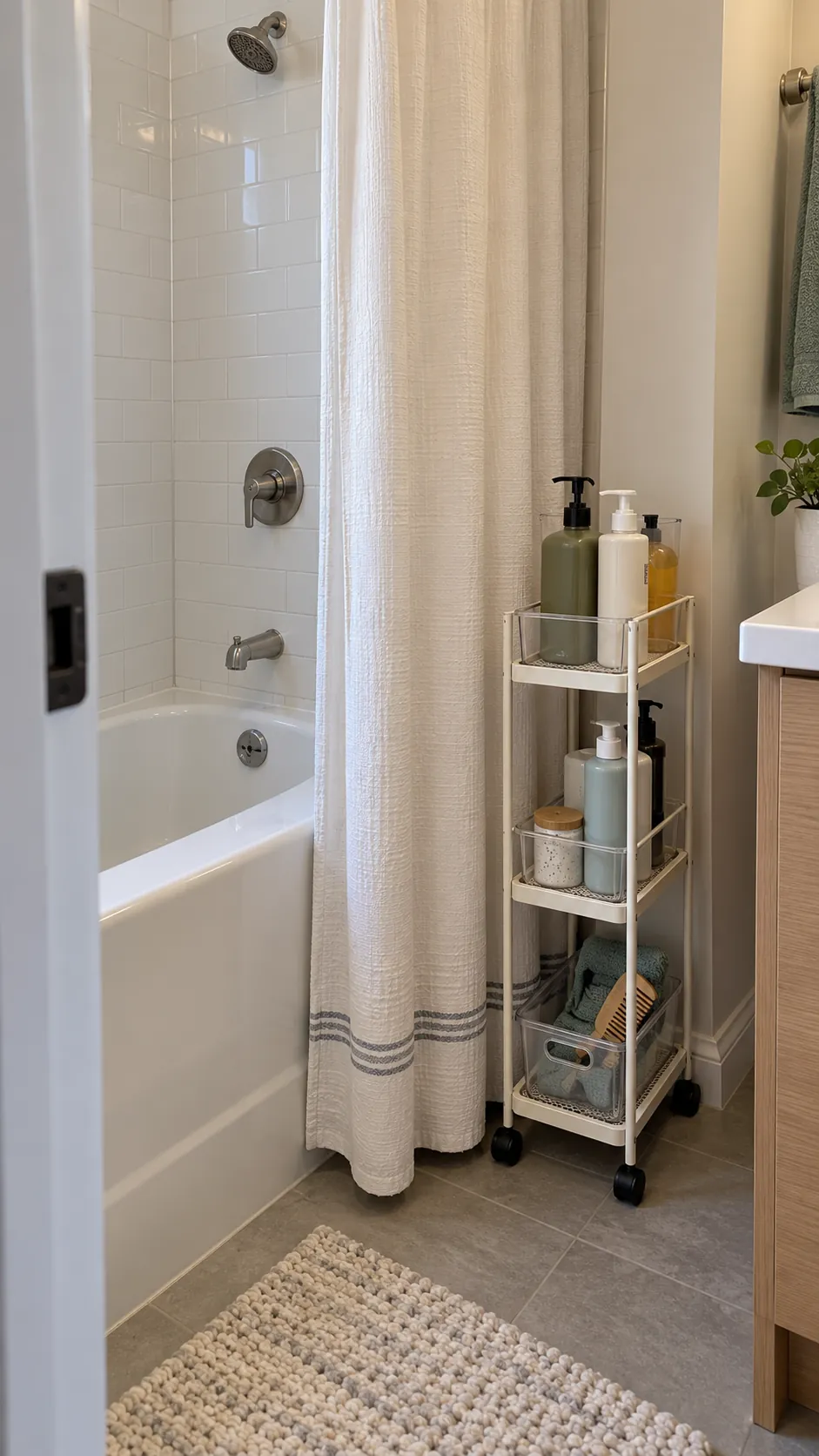 A Rolling Cart Beside the Curtain used for storage in a small tub shower with no niche