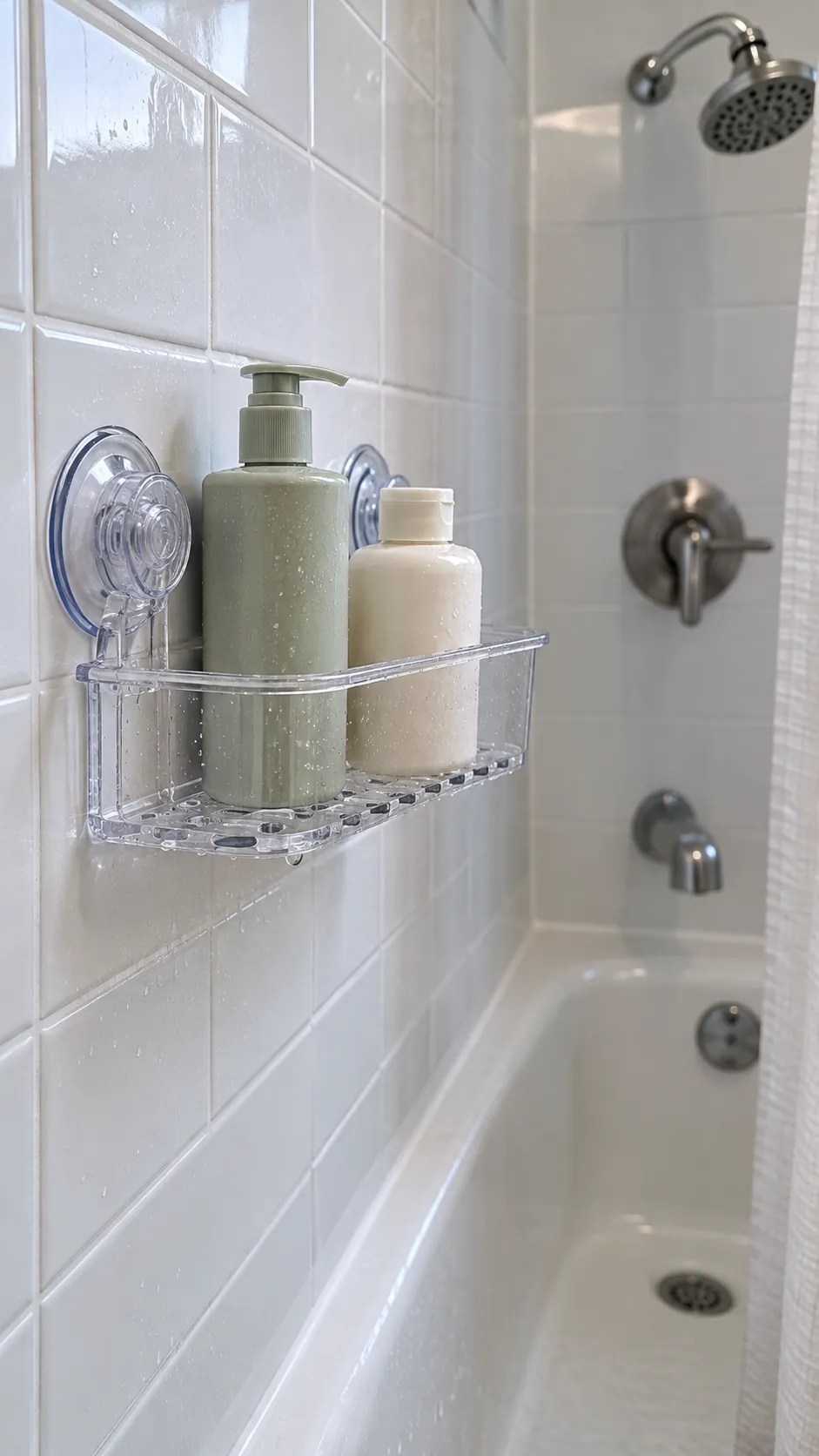 A Removable Suction Shelf used for storage in a small tub shower with no niche