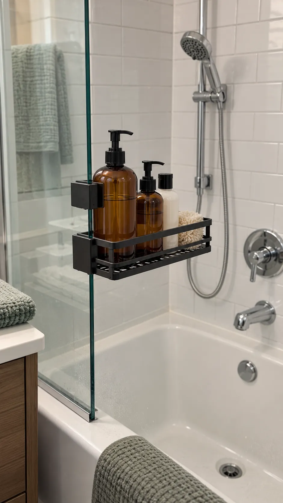 A Clamp Shelf on a Glass Partition used for storage in a small tub shower with no niche