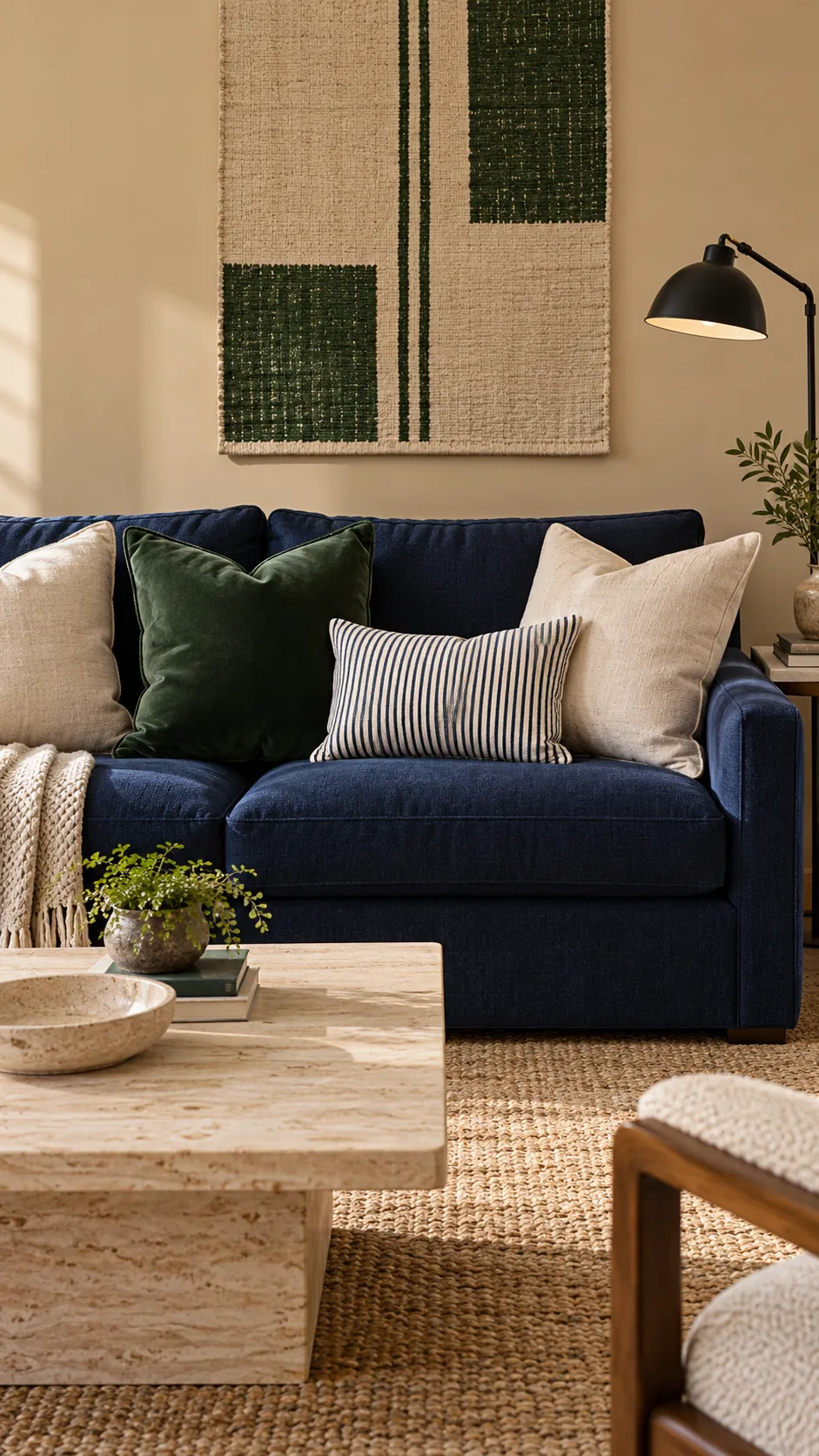 Forest Green, Ecru, and Navy Pinstripe throw pillow combination on a navy sofa with beige walls