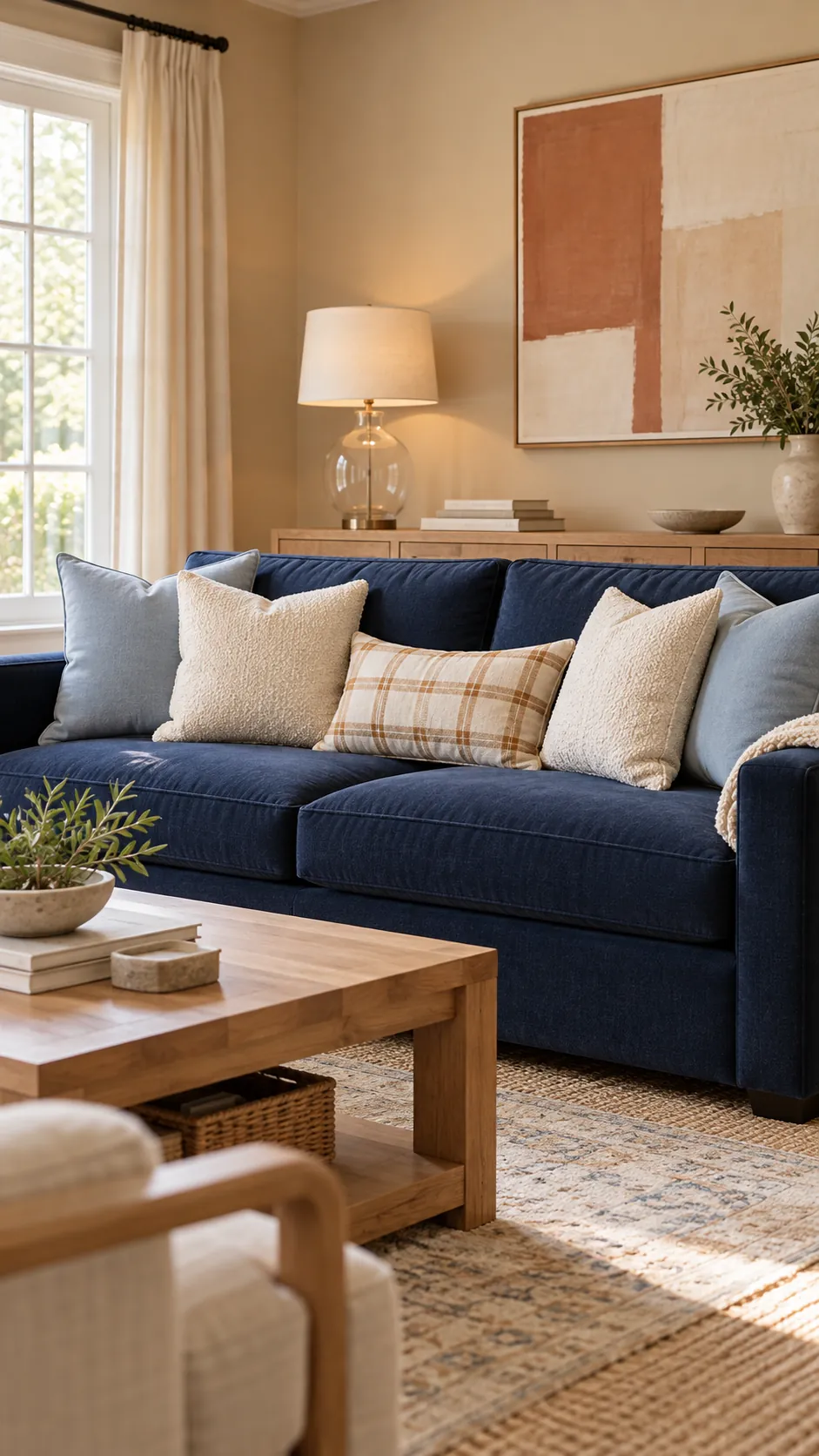Powder Blue, Ivory, and Caramel Check throw pillow combination on a navy sofa with beige walls