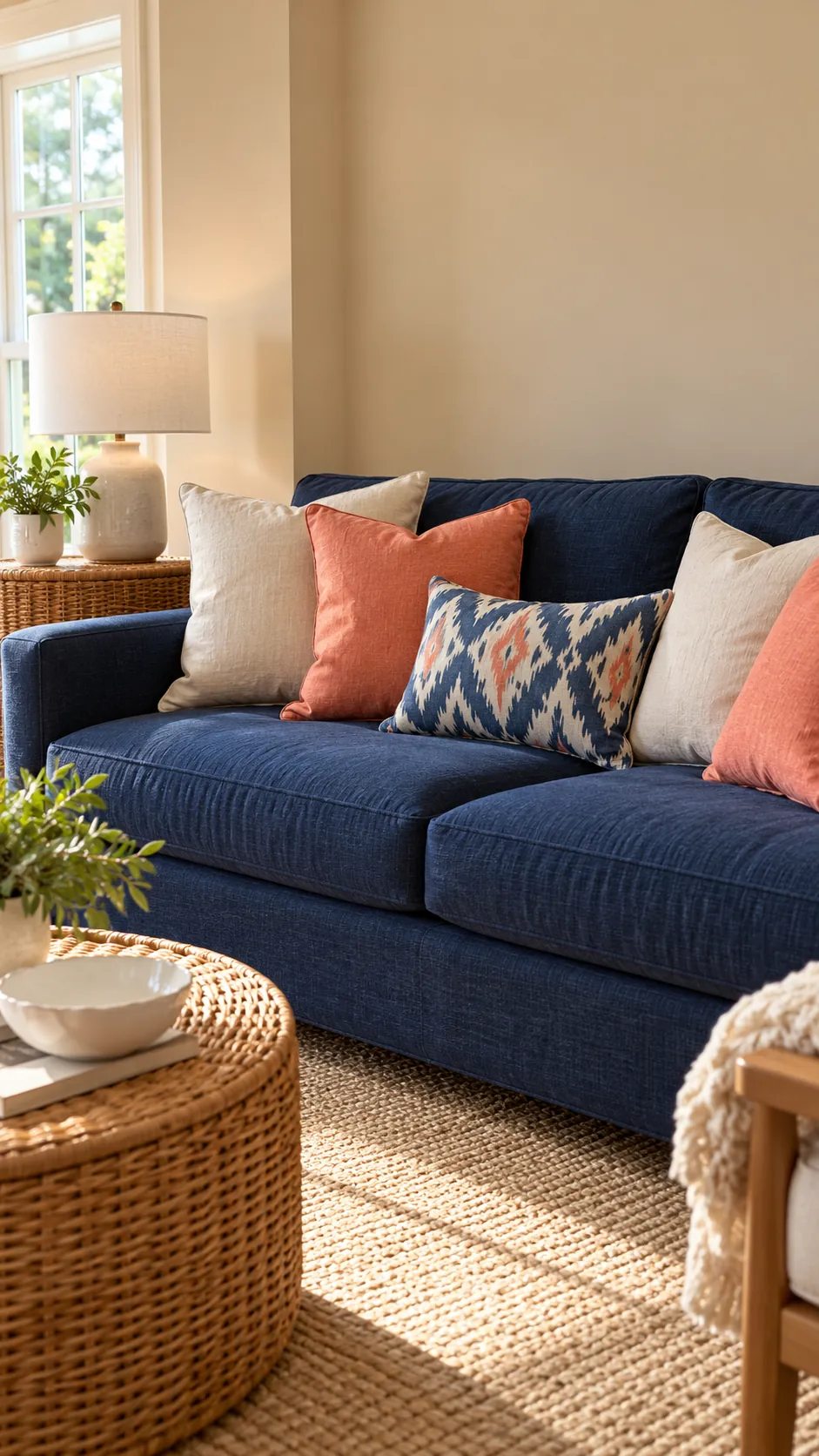 Coral, Flax, and Navy Ikat throw pillow combination on a navy sofa with beige walls