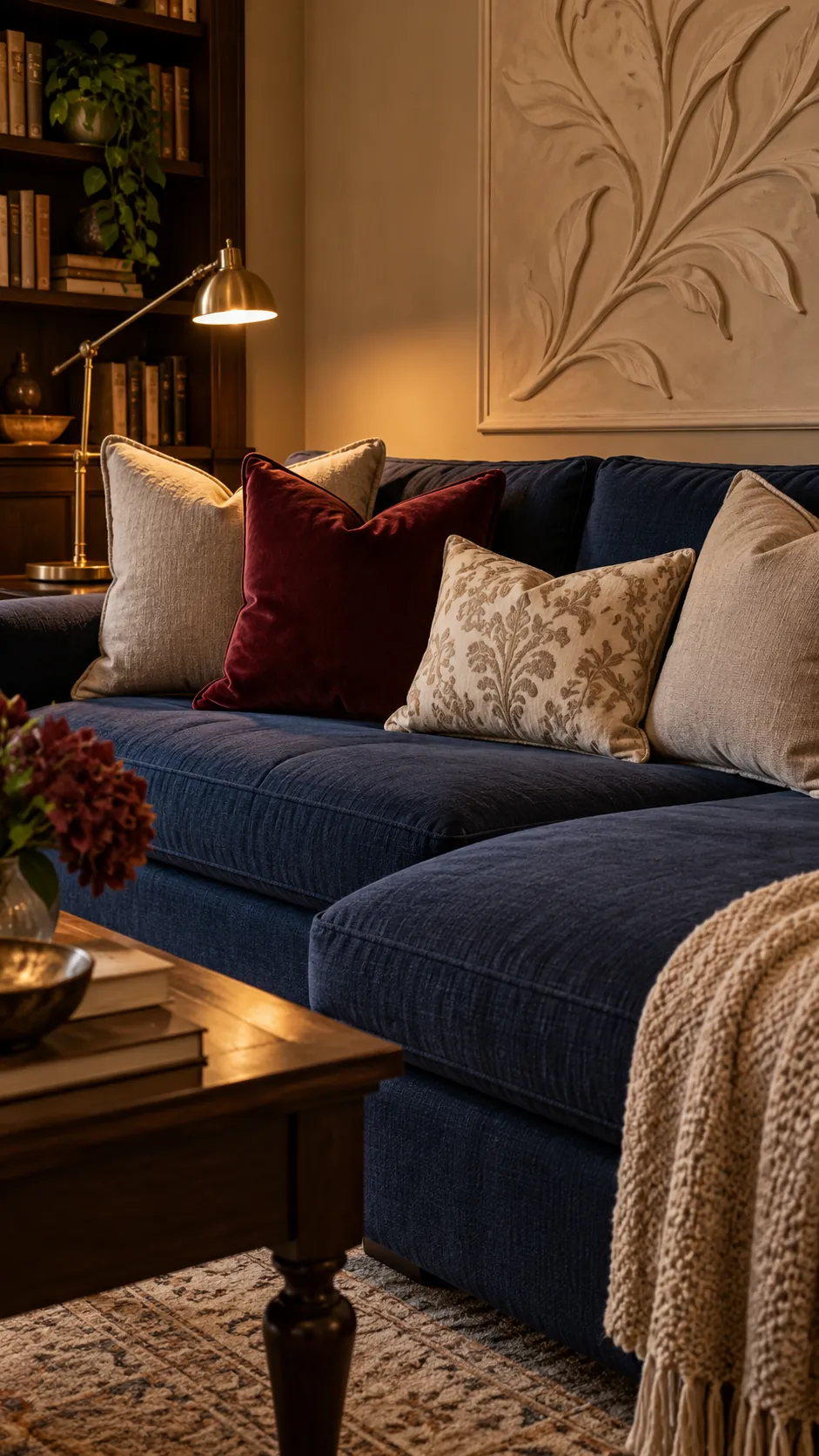 Burgundy Velvet, Mushroom Linen, and Cream Damask throw pillow combination on a navy sofa with beige walls