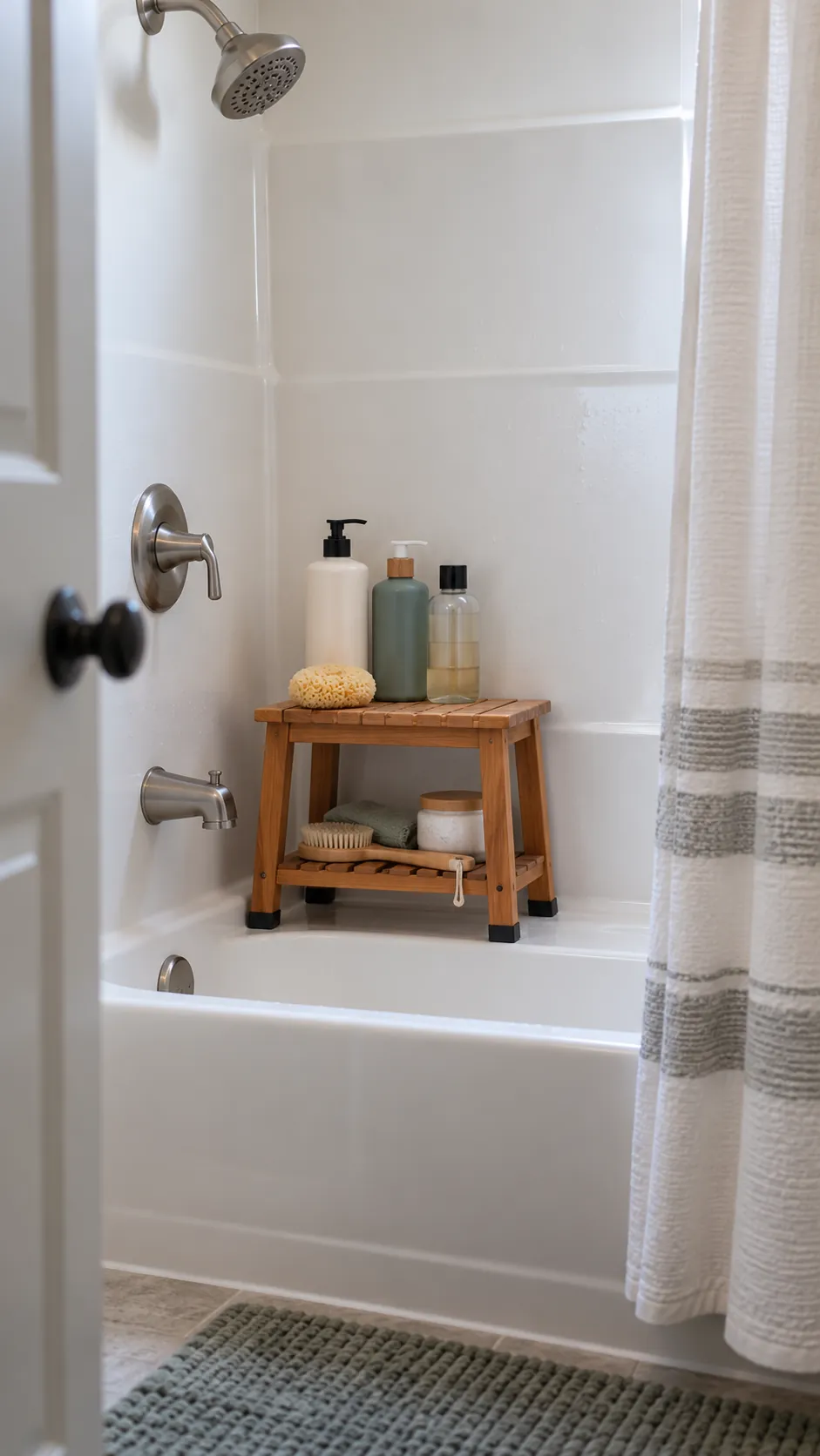 A Shower Stool With a Lower Shelf used for storage in a small tub shower with no niche