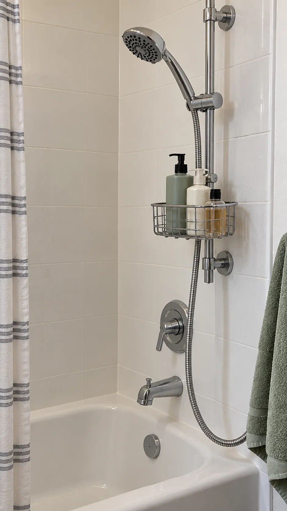 A Handheld Shower Rail Basket used for storage in a small tub shower with no niche