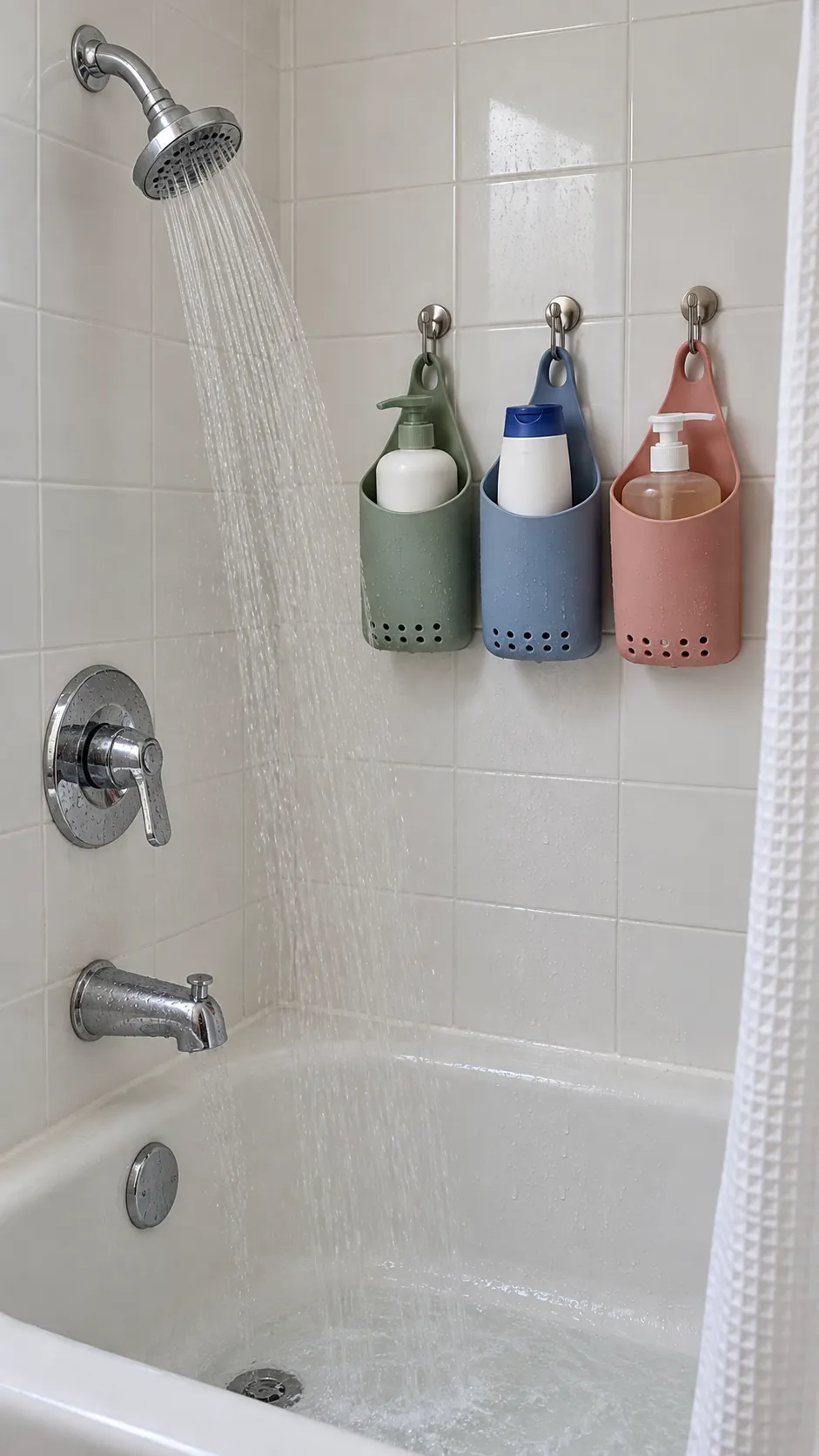A Silicone Bottle Sleeve System used for storage in a small tub shower with no niche