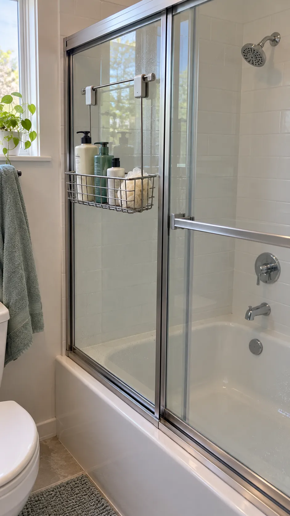 A Door Side Basket for Sliding Glass used for storage in a small tub shower with no niche