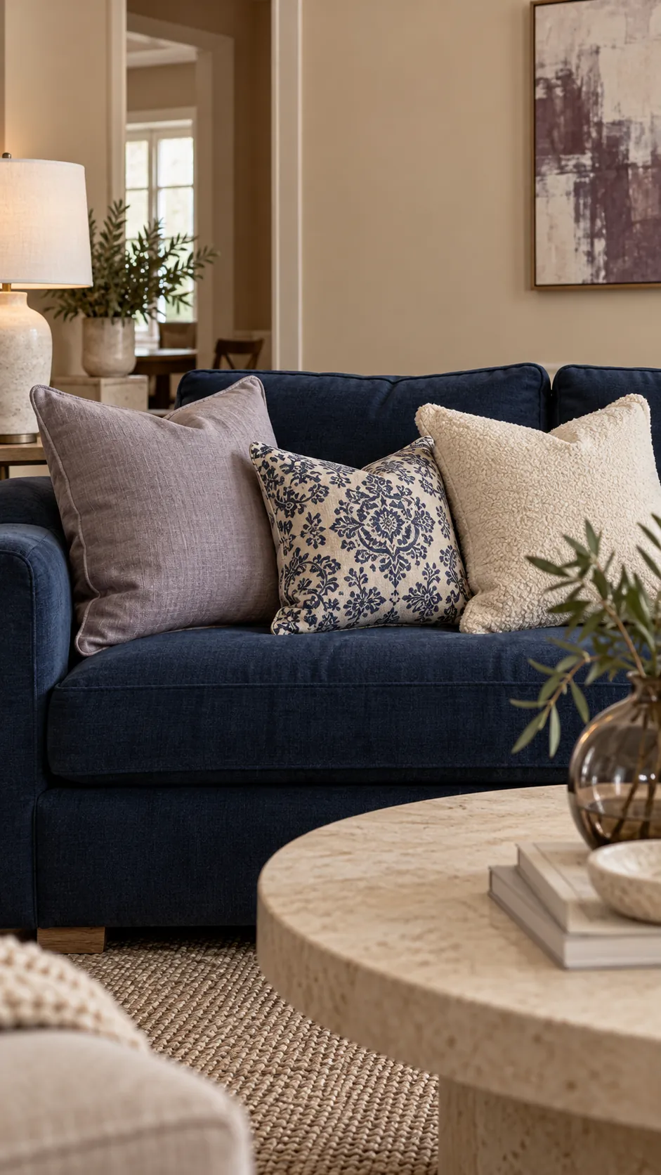Lavender Gray, Cream, and Navy Medallion throw pillow combination on a navy sofa with beige walls