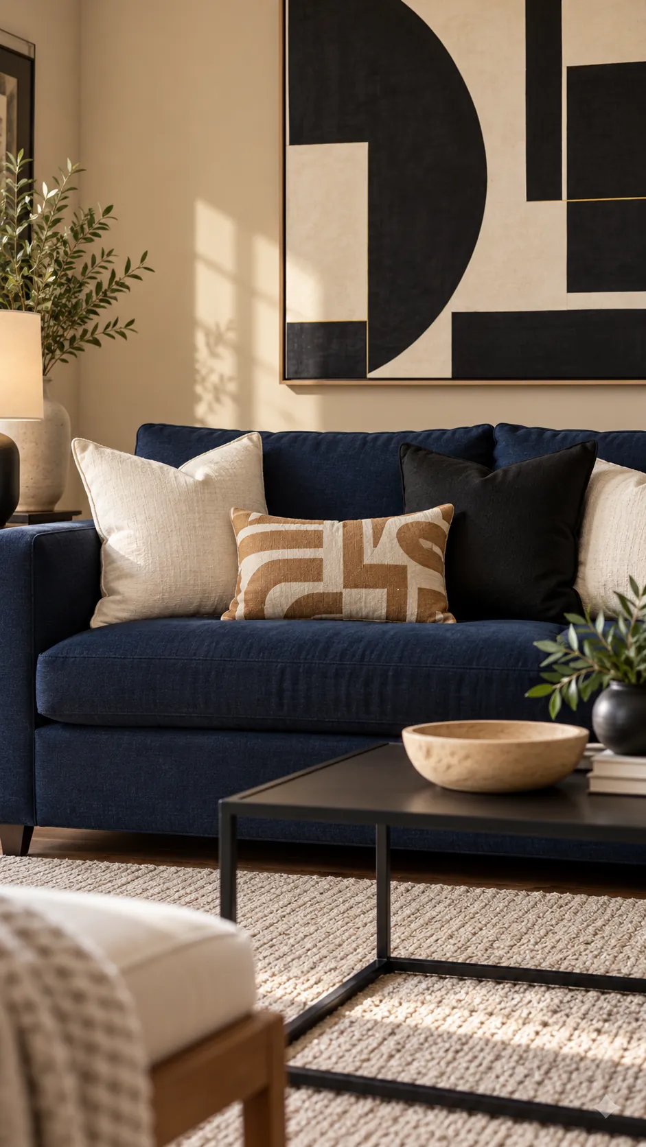 Black, Cream, and Camel Graphic throw pillow combination on a navy sofa with beige walls