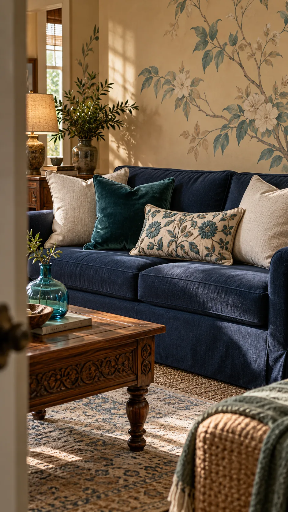 Teal, Stone, and Cream Embroidery throw pillow combination on a navy sofa with beige walls