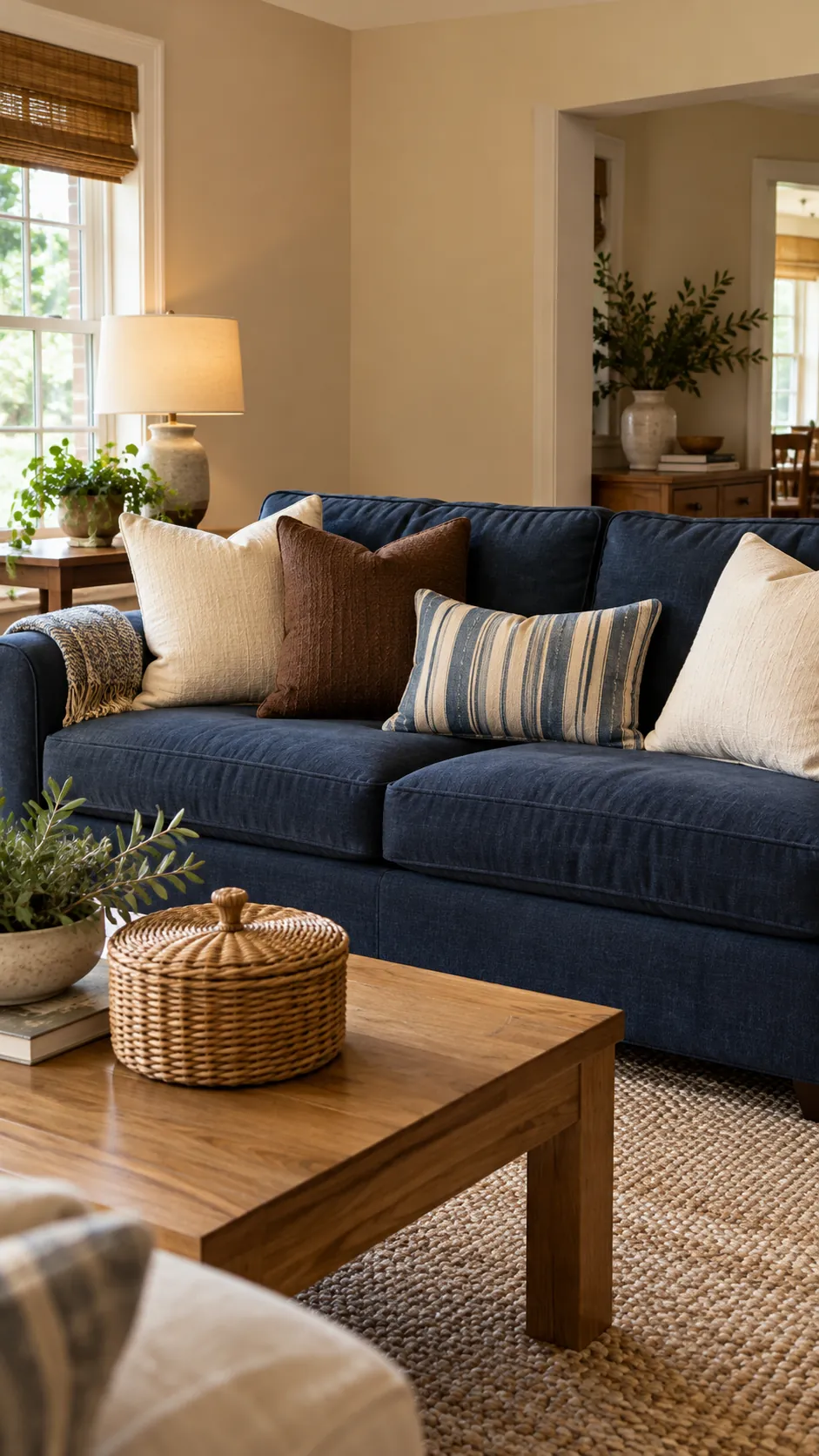 Chocolate Brown, Ivory, and Denim Stripe throw pillow combination on a navy sofa with beige walls