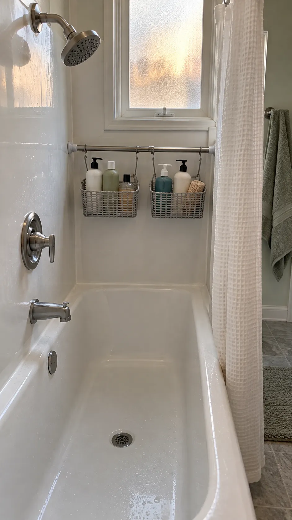 A Tension Rod With Hanging Baskets used for storage in a small tub shower with no niche