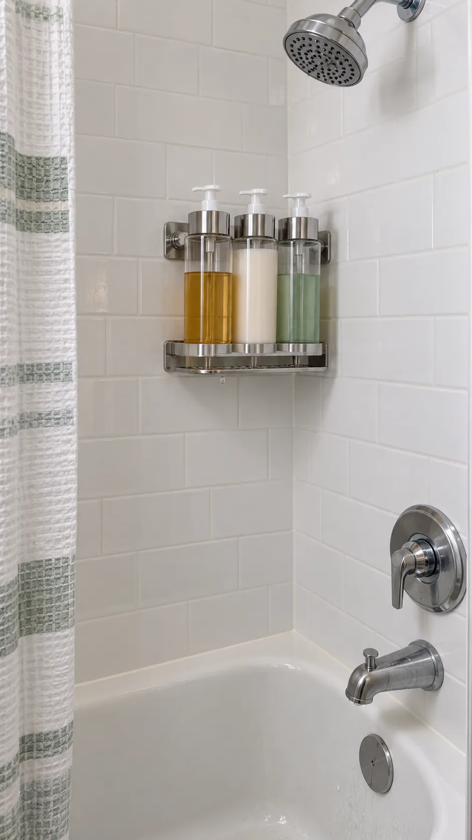 A Refillable Wall Dispenser used for storage in a small tub shower with no niche