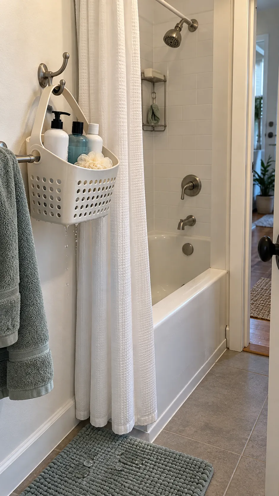 A Carry In Shower Tote used for storage in a small tub shower with no niche