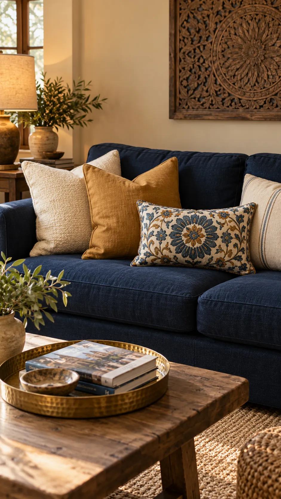 Ochre, Cream, and Blue Suzani throw pillow combination on a navy sofa with beige walls