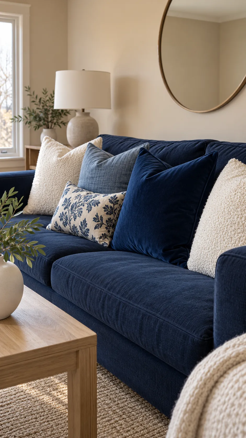 Monochrome Navy, Denim, and Warm White throw pillow combination on a navy sofa with beige walls
