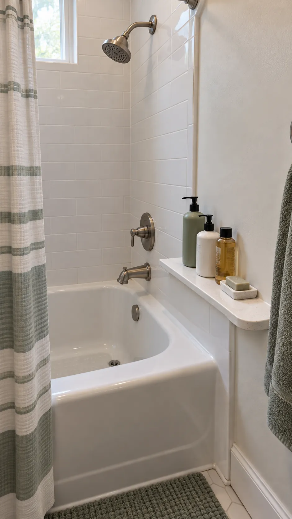 A Custom Narrow Ledge on the Dry End used for storage in a small tub shower with no niche