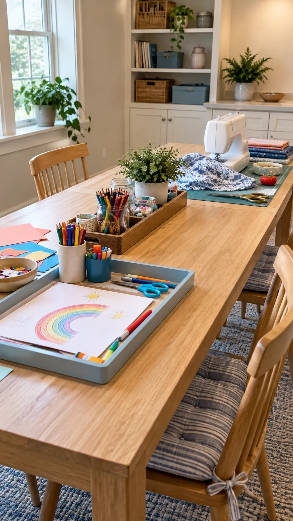 Long shared craft table with separate family work areas