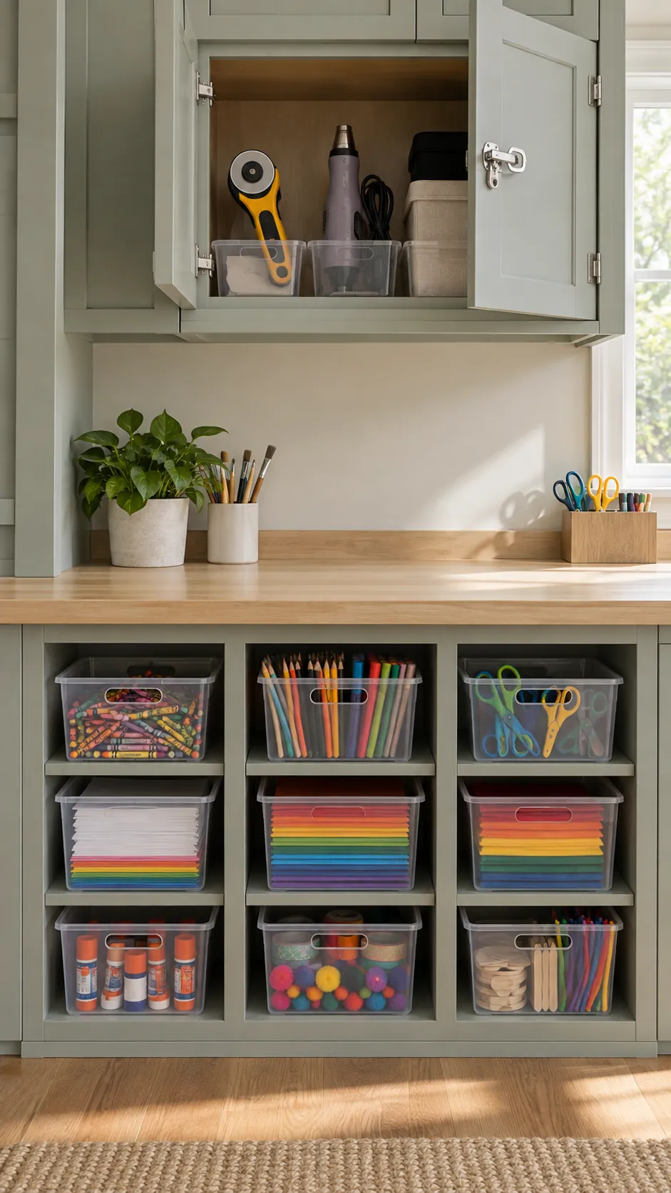 Low child supplies and secured adult tools in a family art room