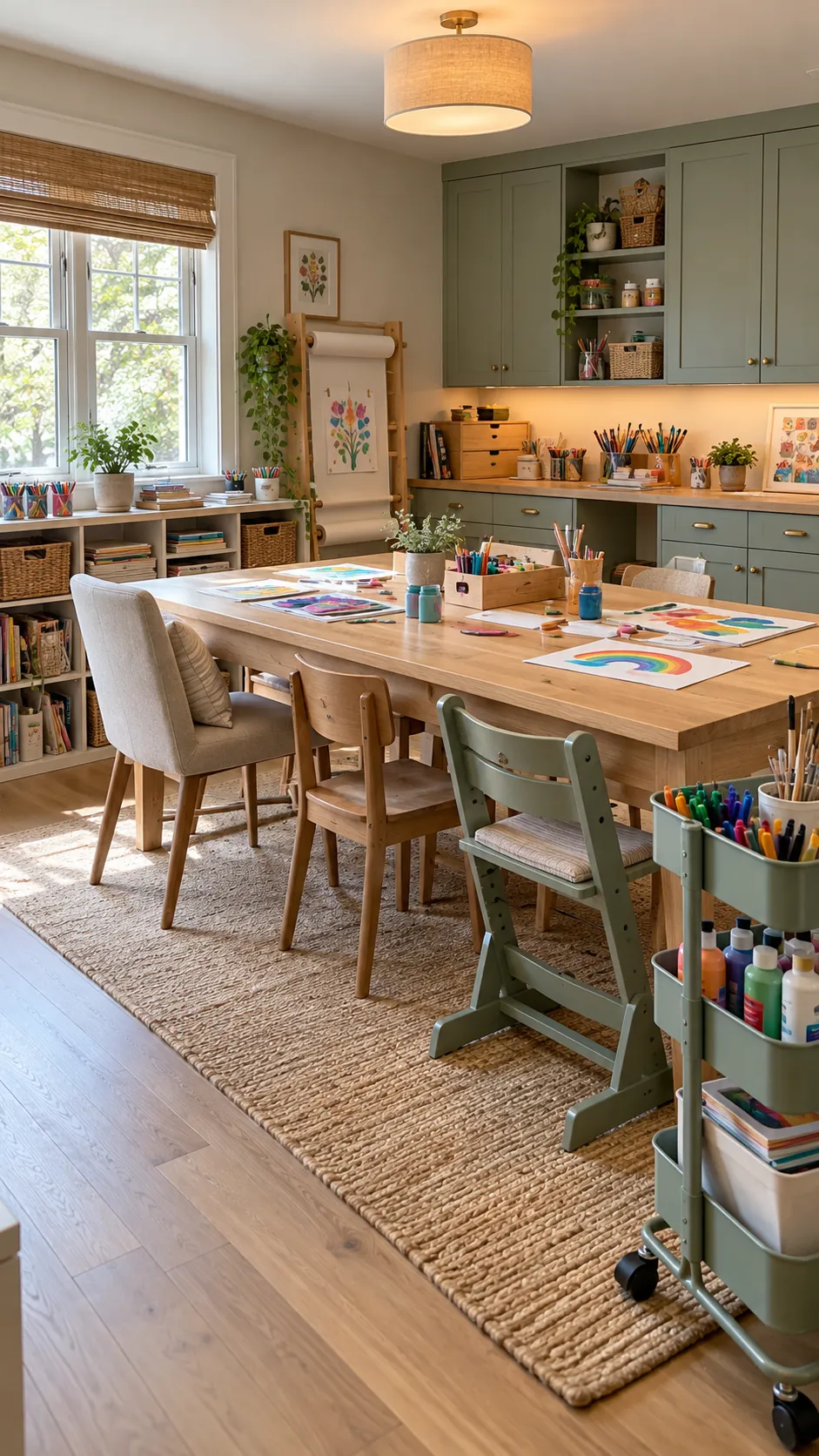 Inviting shared family craft room with adult and child work zones