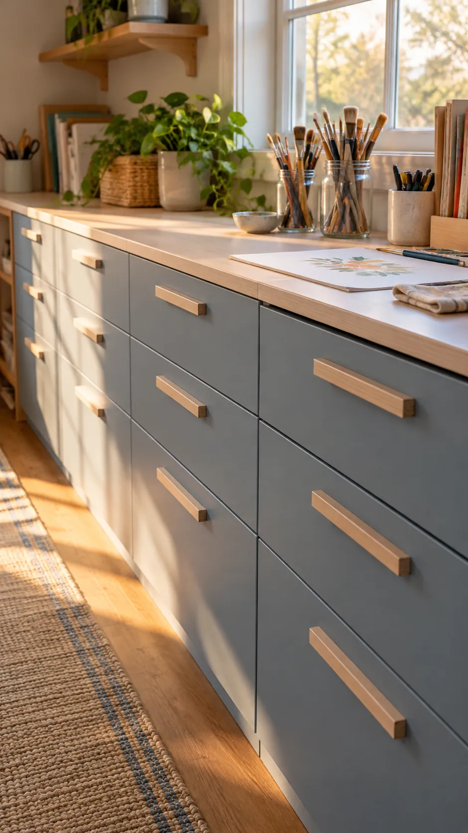 Calm craft room with wide labeled storage drawers