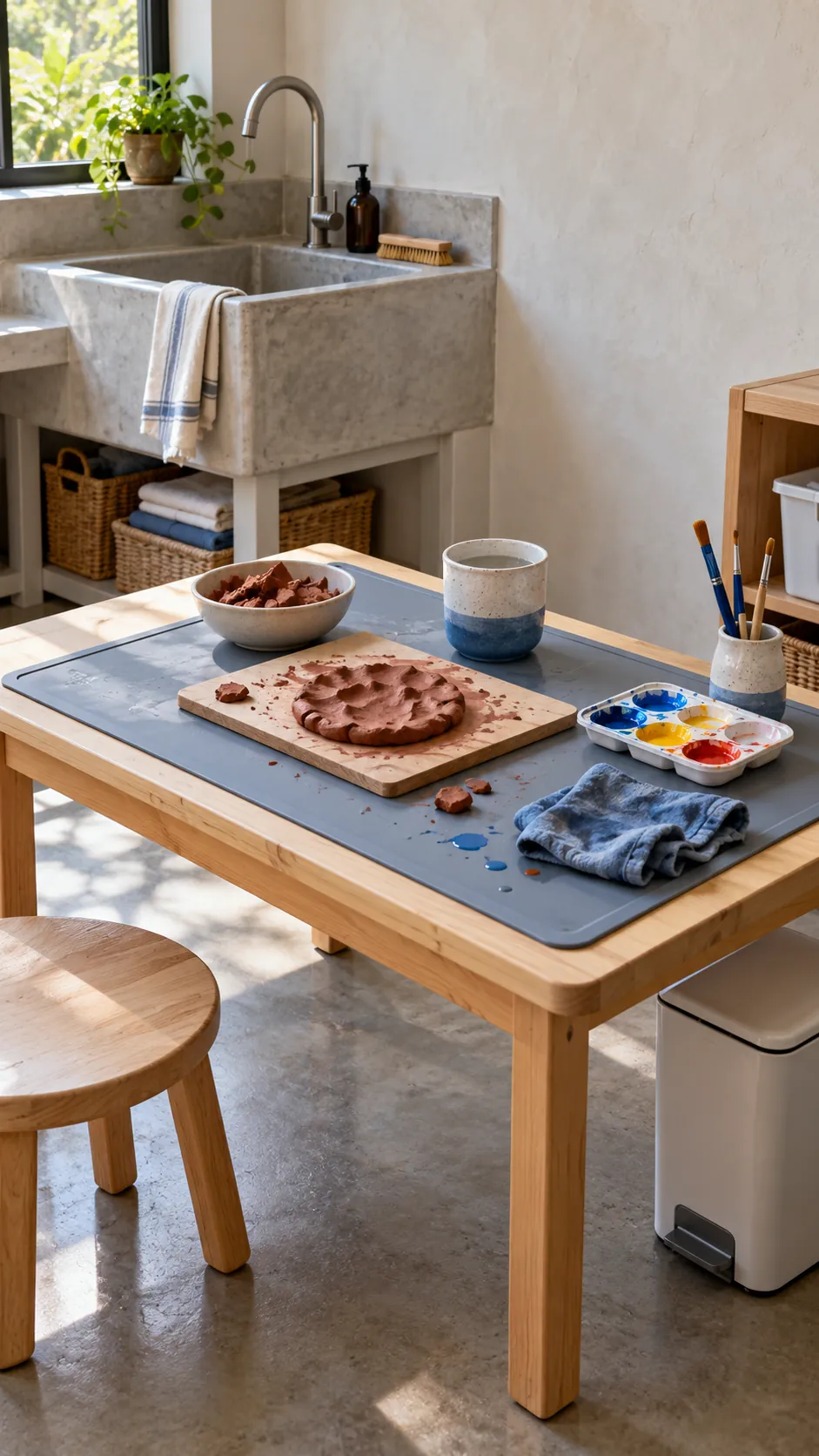 Washable paint and clay zone in a shared craft room