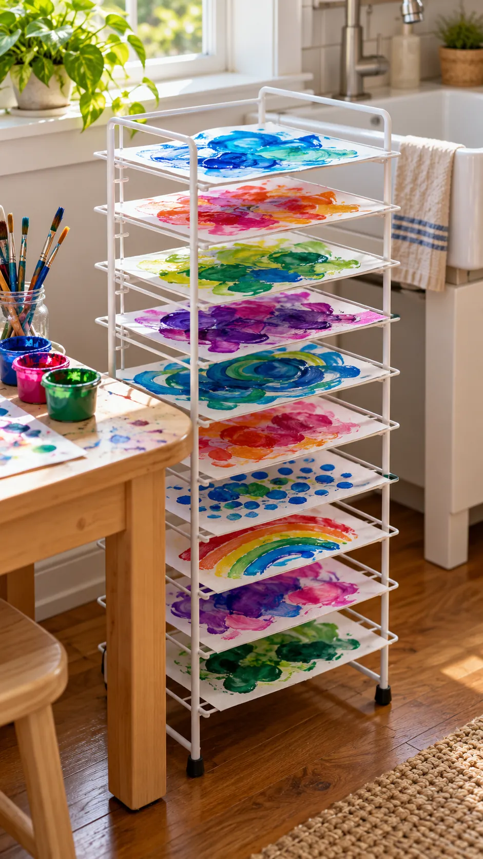 Tiered drying rack holding children's paintings
