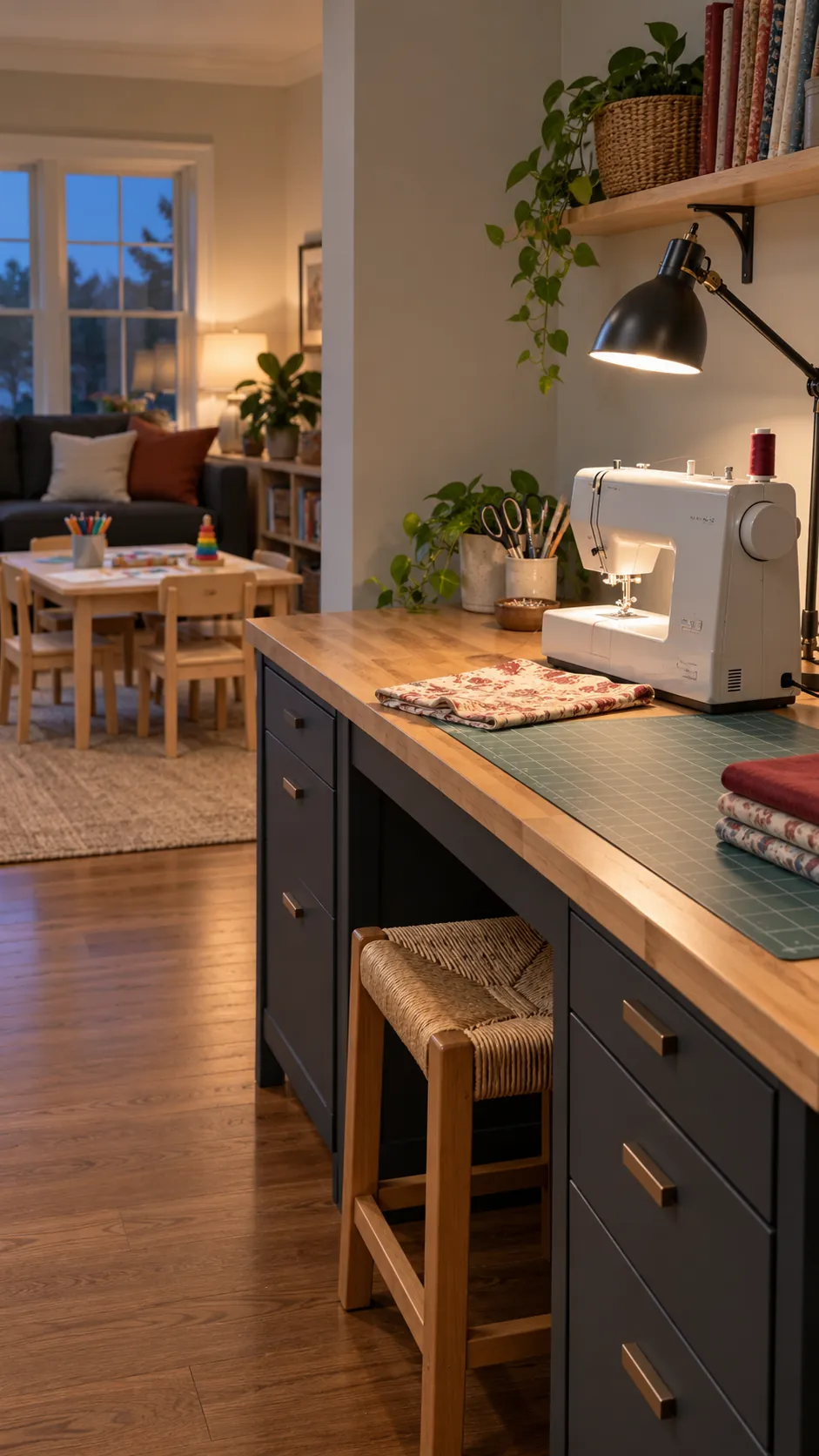 Adult craft counter beside a child friendly workspace