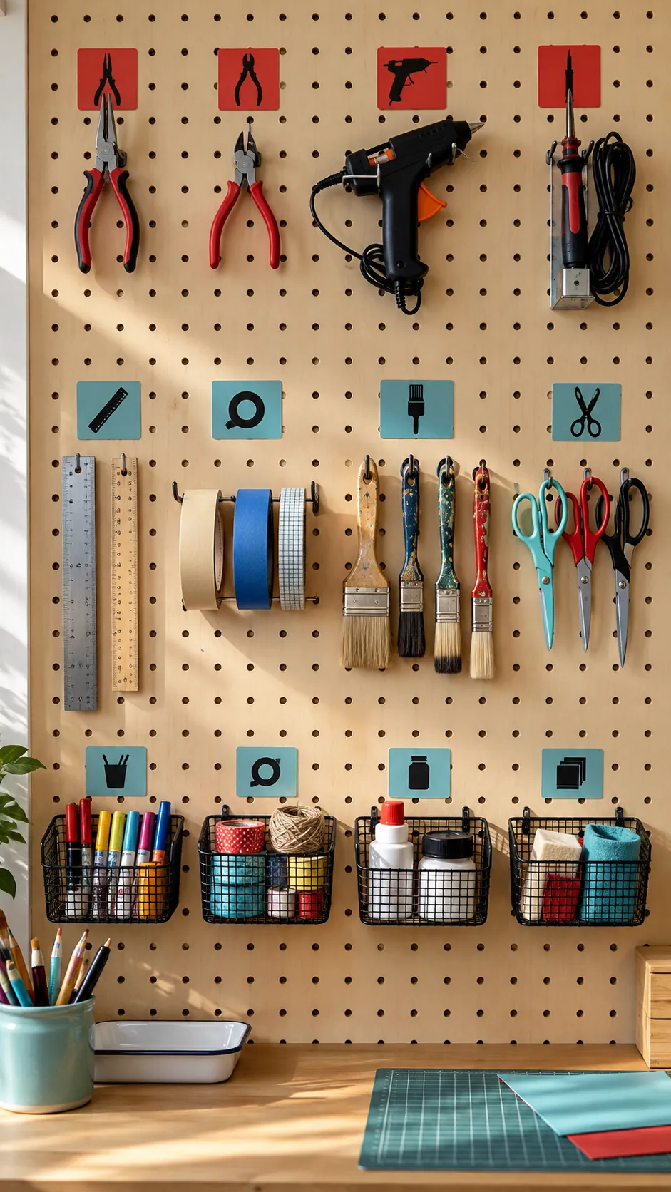 Craft tool pegboard with child and adult storage levels